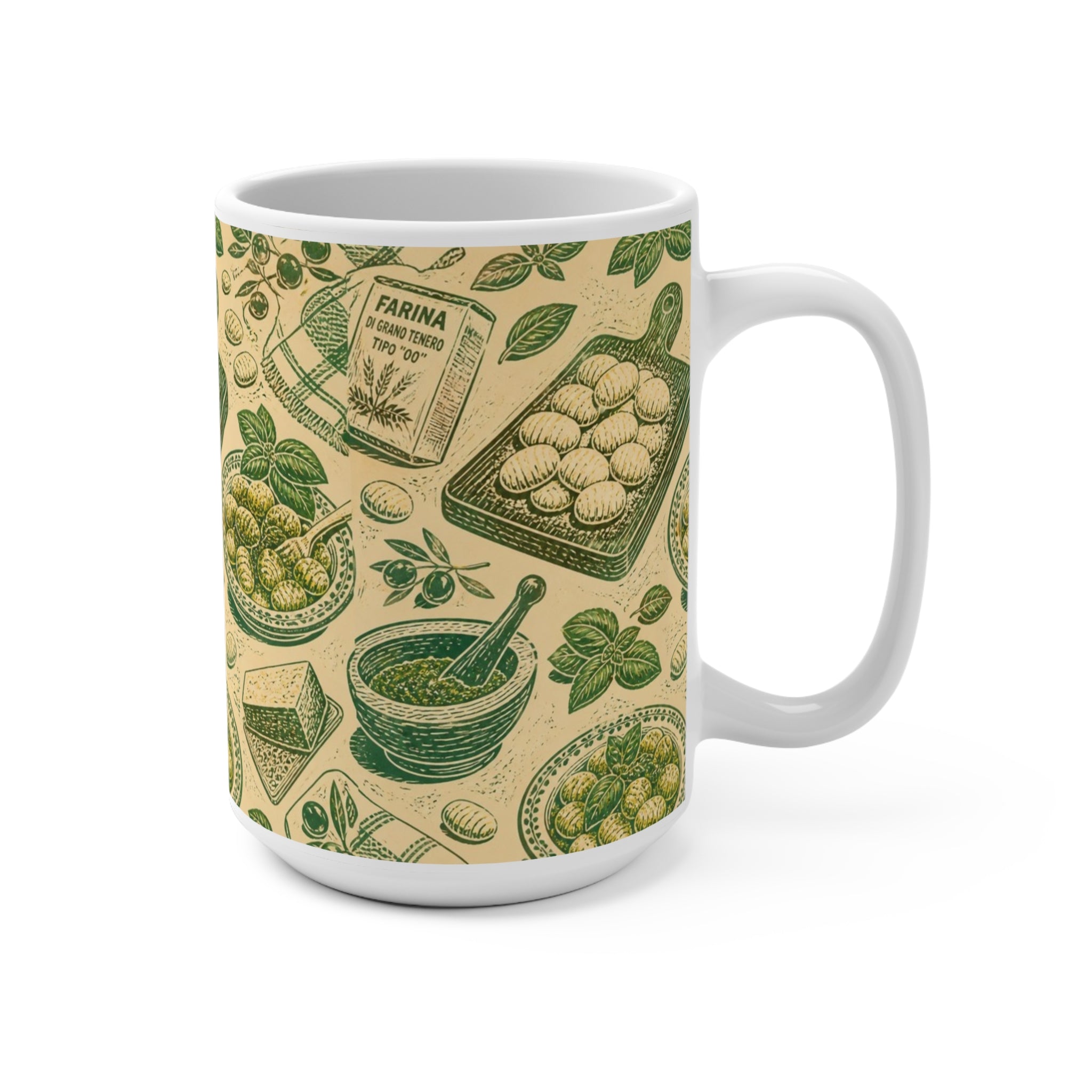 Potato Gnocchi 15oz Ceramic Mug Mediterranean Kitchen Linocut Design Italian Cottagecore Gift
