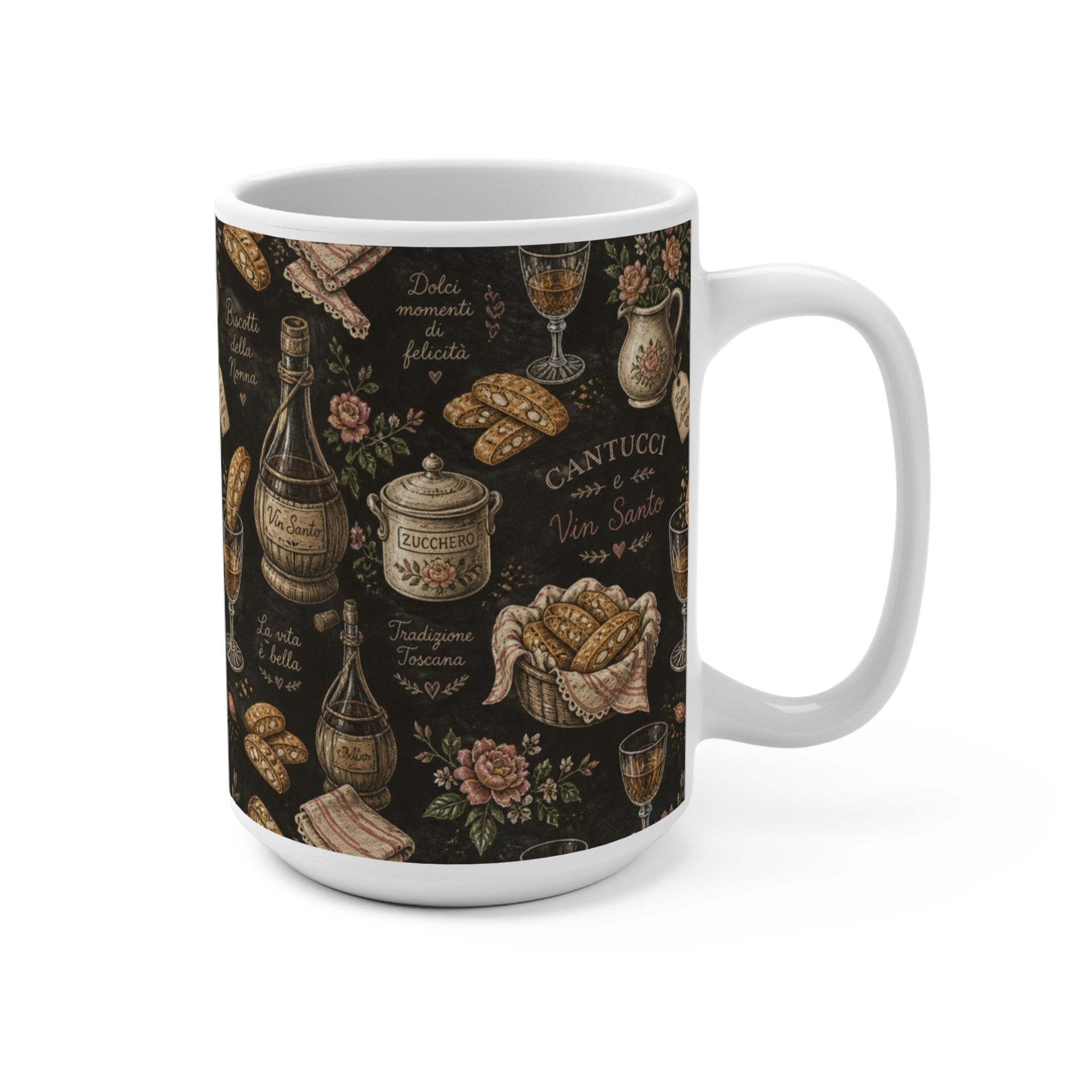 Biscotti & Vin Santo 15oz Ceramic Mug Mediterranean Kitchen Chalk Art Design Italian Cottagecore Gift