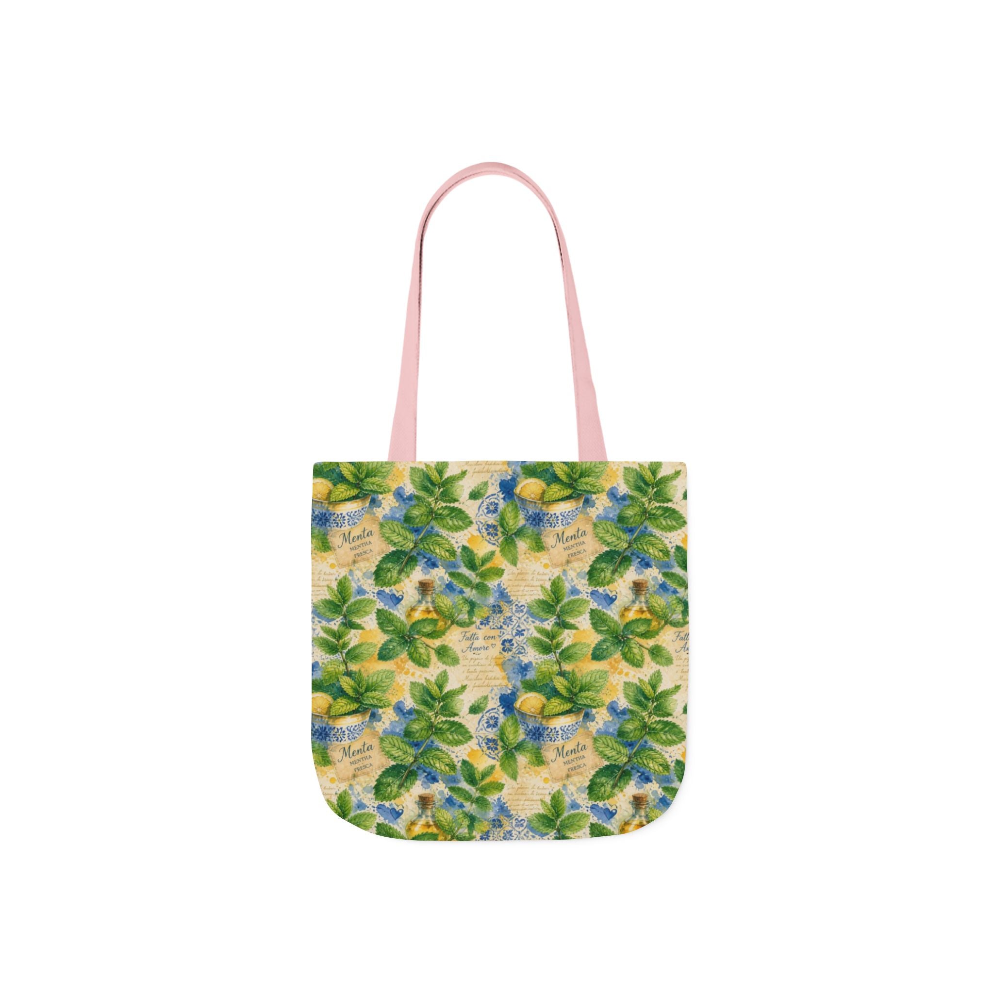 Fresh Mint Leaves Canvas Tote Bag Mediterranean Kitchen Watercolor Splash Design Italian Cottagecore Gift