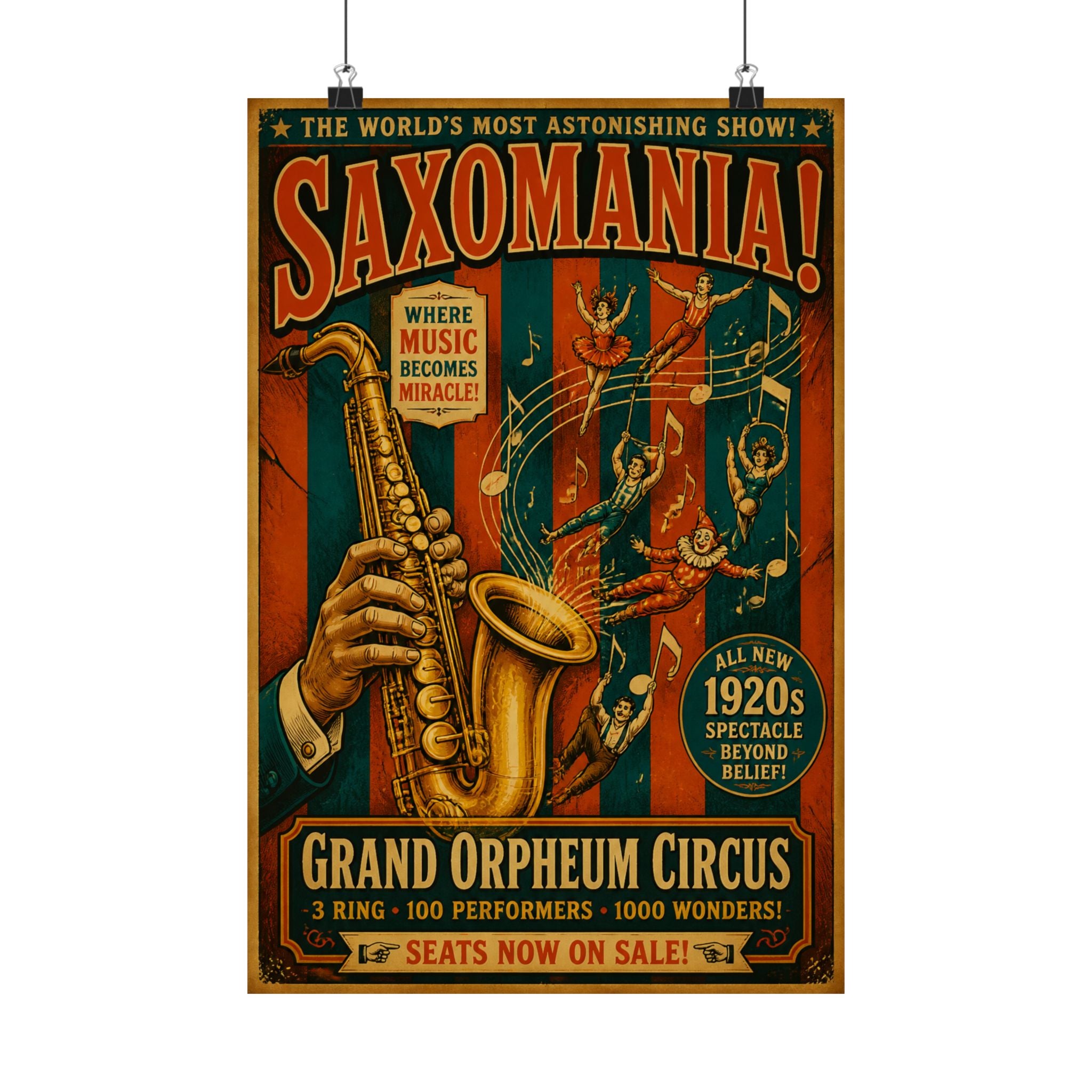 Saxophone Music Circus Wall Art Poster 18×24 Vintage Circus Kitchen Decor Maximalist Print