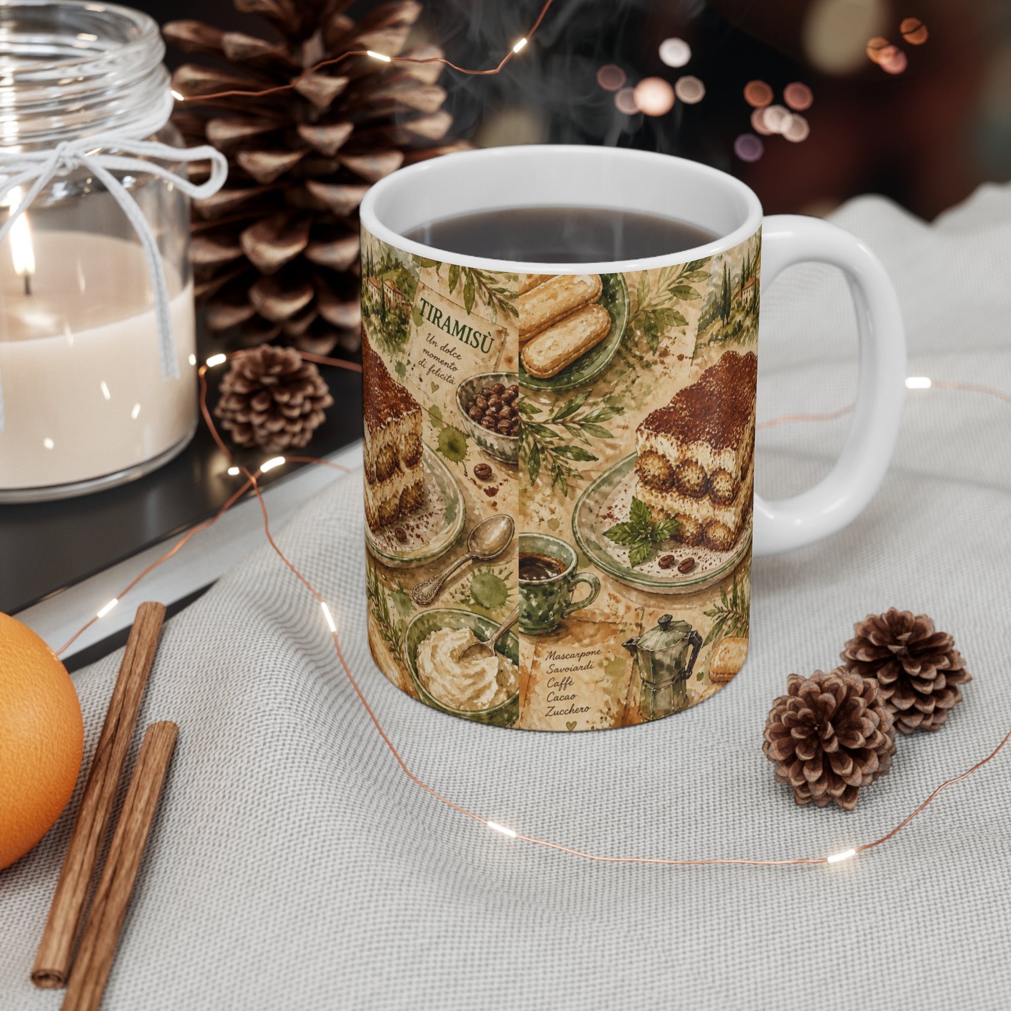 Tiramisu Layers 11oz Ceramic Mug Mediterranean Kitchen Watercolor Splash Design Italian Cottagecore Gift