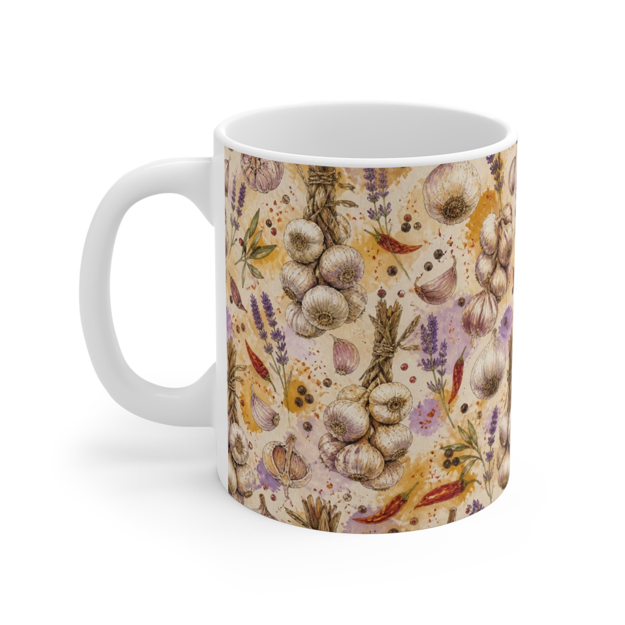 Garlic Bulbs & Cloves 11oz Ceramic Mug Mediterranean Kitchen Watercolor Design Italian Cottagecore Gift
