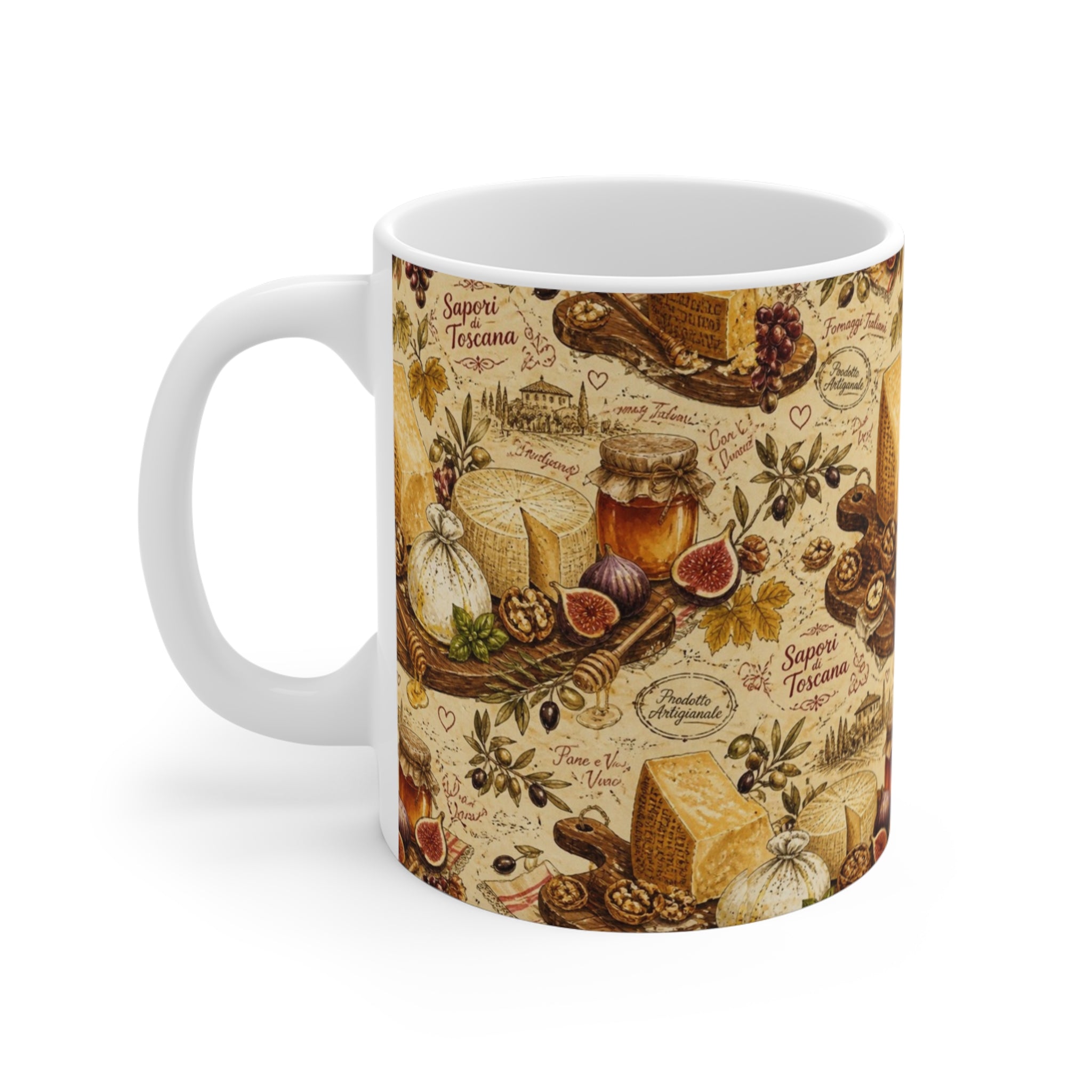 Italian Cheese Board 11oz Ceramic Mug Mediterranean Kitchen Watercolor Design Italian Cottagecore Gift