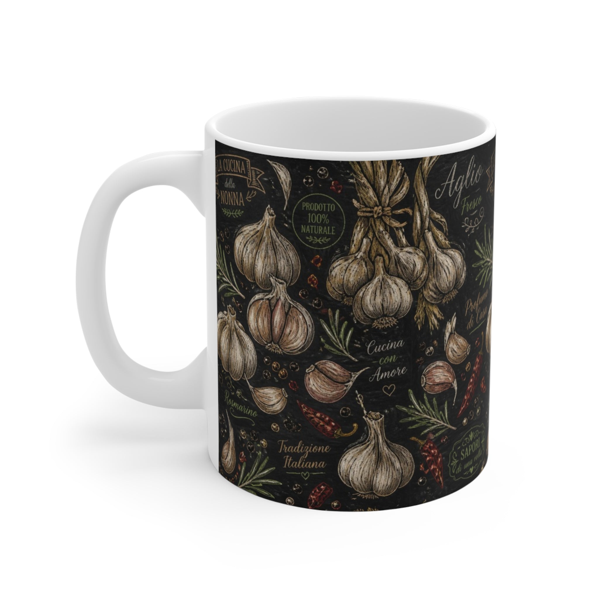 Garlic Bulbs & Cloves 11oz Ceramic Mug Mediterranean Kitchen Chalk Art Design Italian Cottagecore Gift