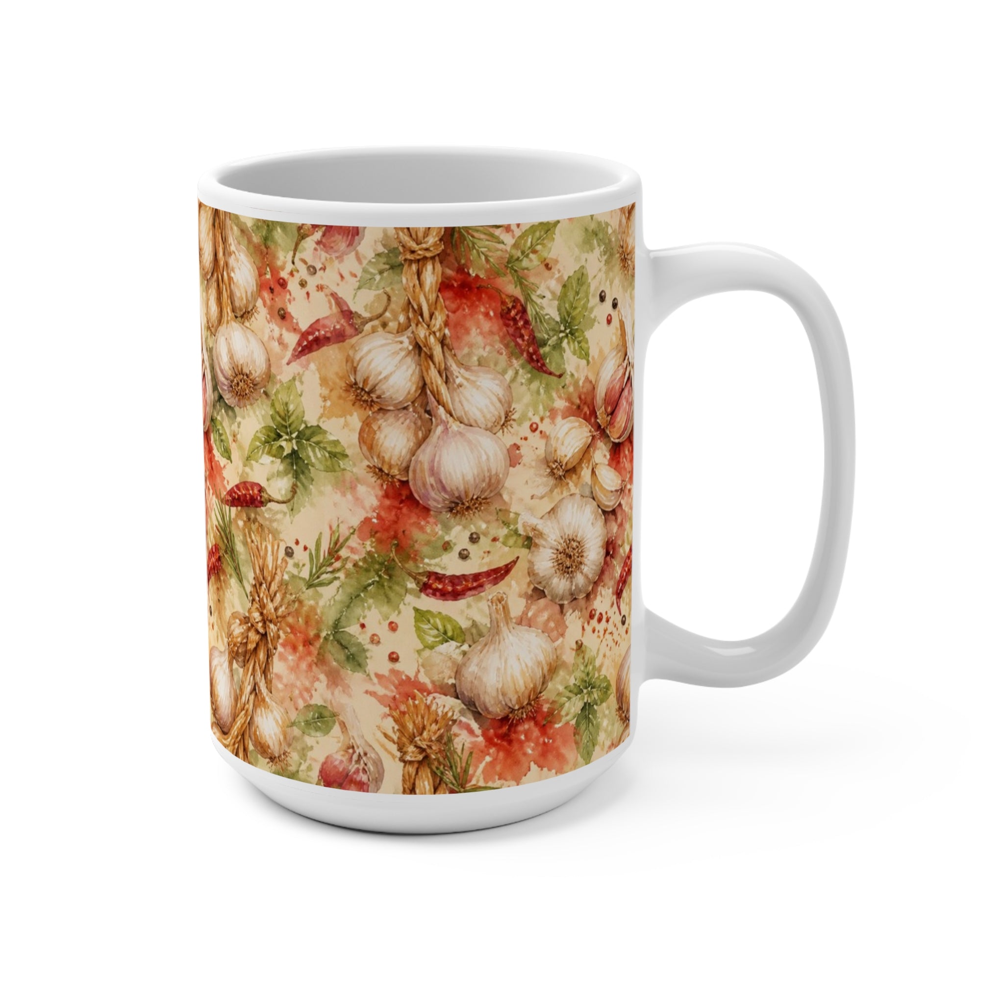 Garlic Bulbs & Cloves 15oz Ceramic Mug Mediterranean Kitchen Watercolor Splash Design Italian Cottagecore Gift