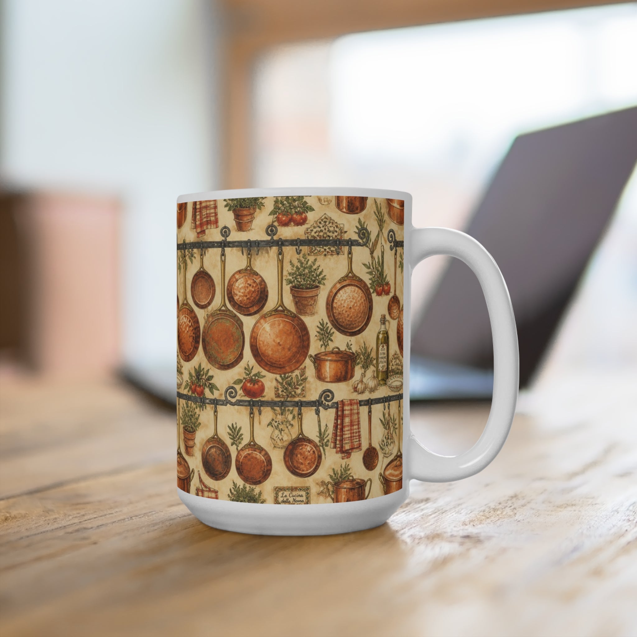 Copper Cookware 15oz Ceramic Mug Mediterranean Kitchen Watercolor Design Italian Cottagecore Gift
