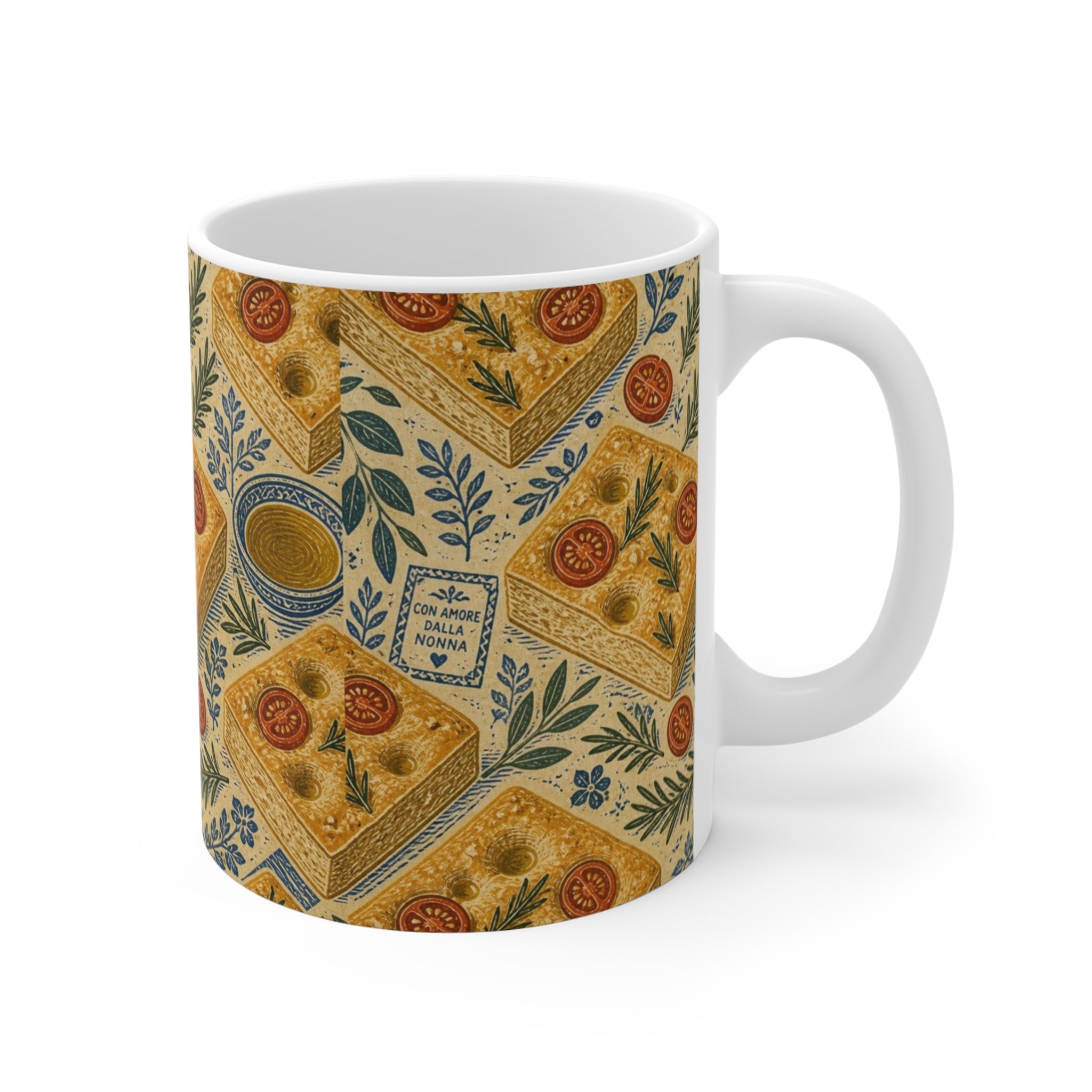 Focaccia Bread 11oz Ceramic Mug Mediterranean Kitchen Linocut Design Italian Cottagecore Gift