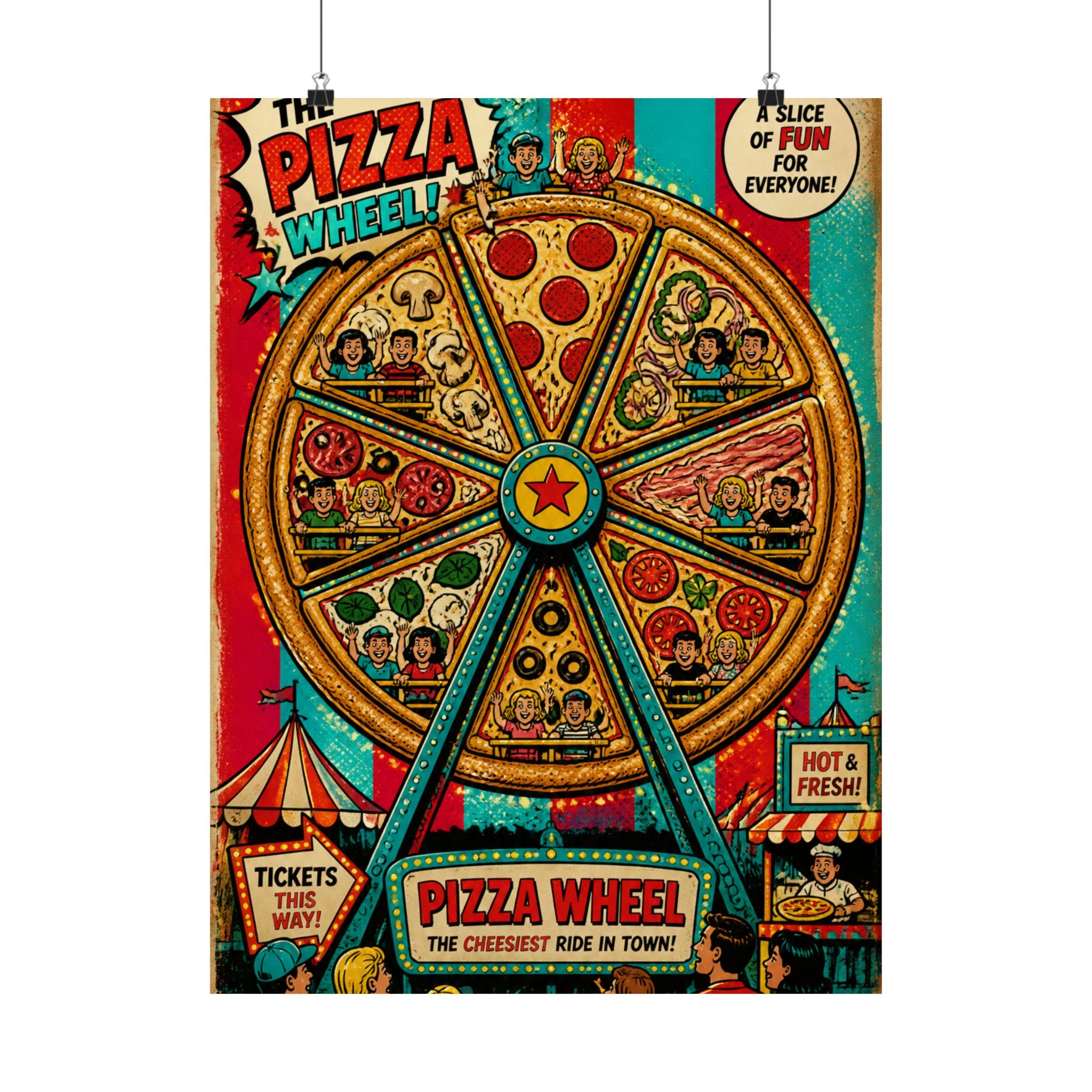 Pizza Ferris Wheel Wall Art Poster 24×36 Pop Art Restaurant Decor Maximalist Print