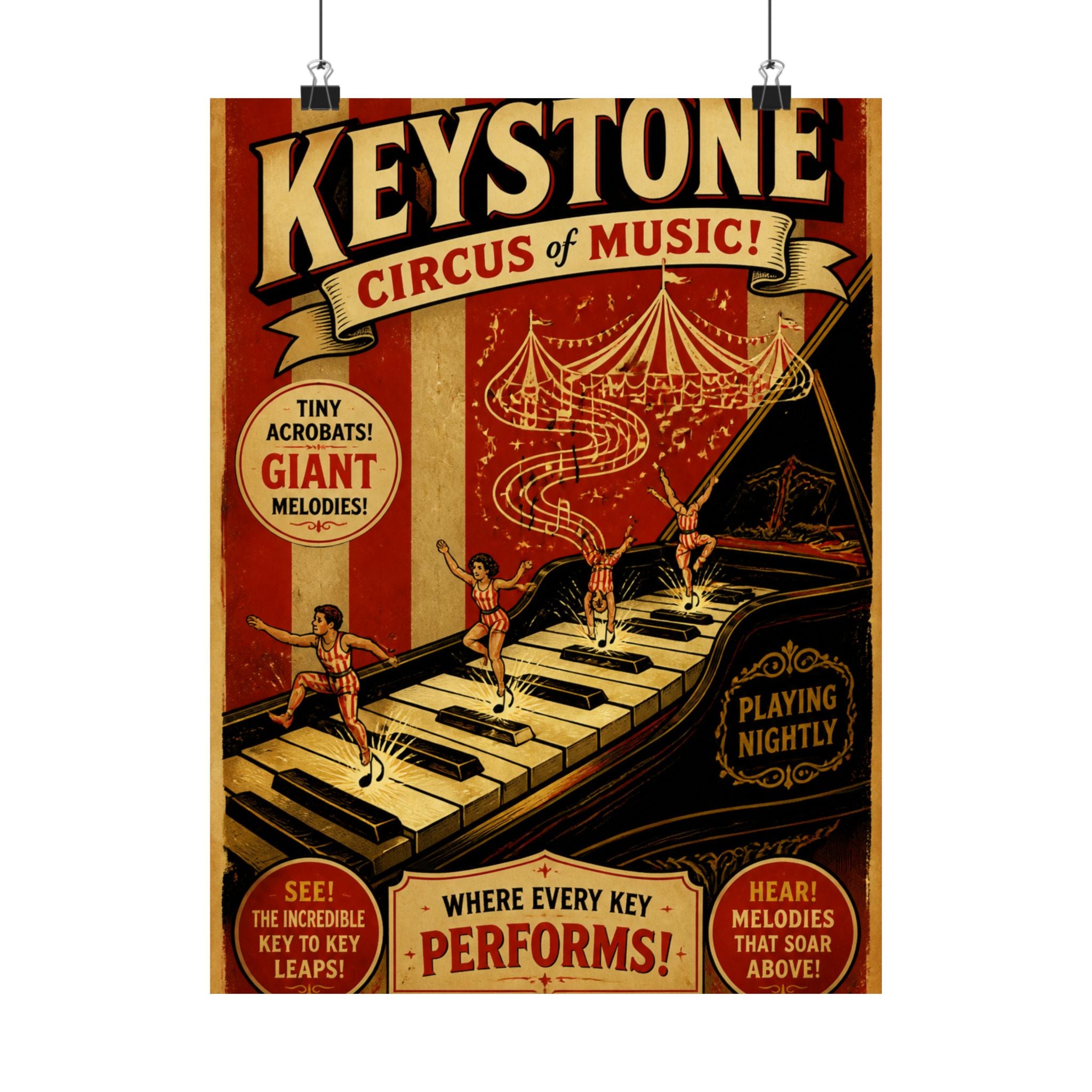 Grand Piano Acrobats Wall Art Poster 24×36 Vintage Circus Bedroom Decor Maximalist Print