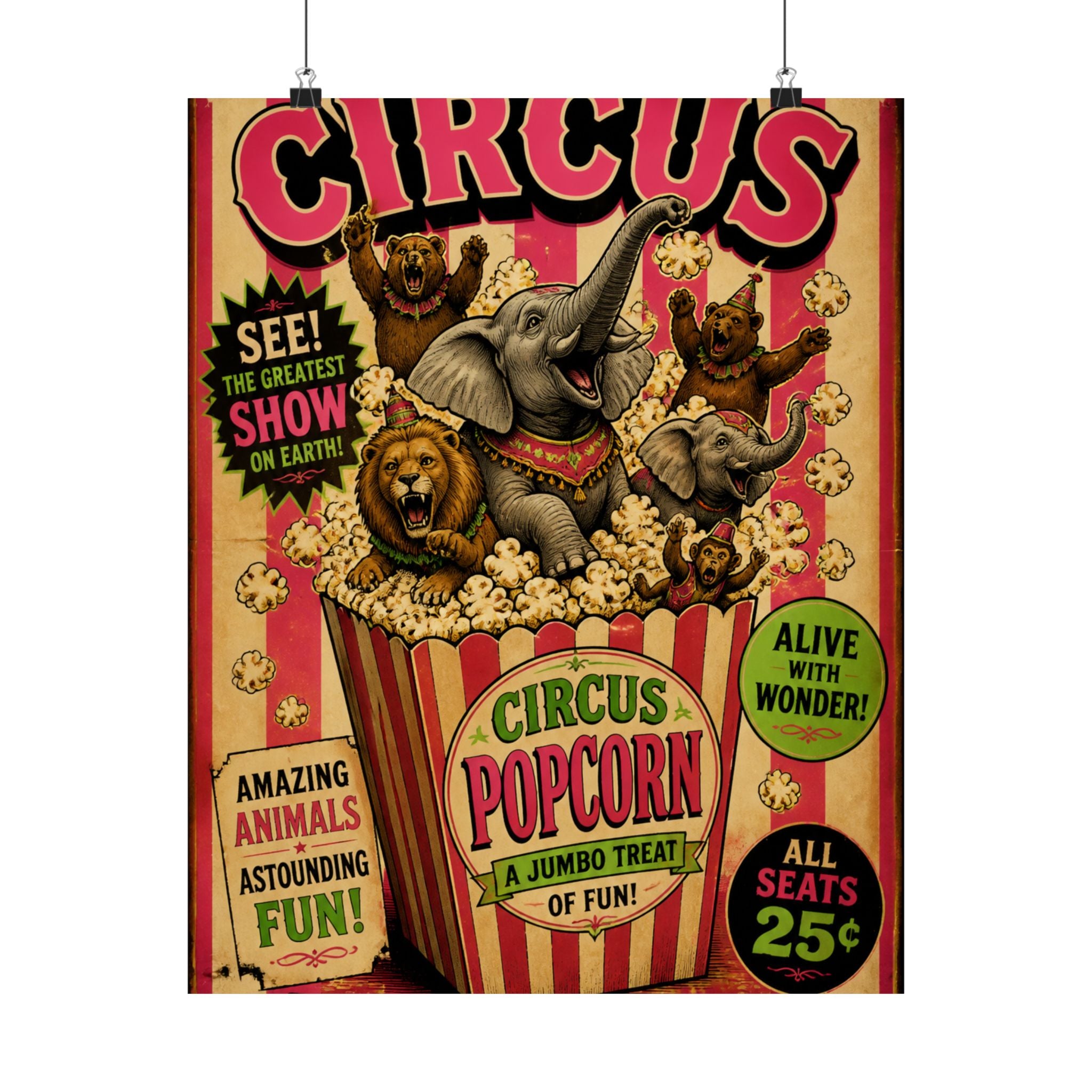 Popcorn Box Animals Wall Art Poster 18×24 Vintage Circus Kitchen Decor Maximalist Print