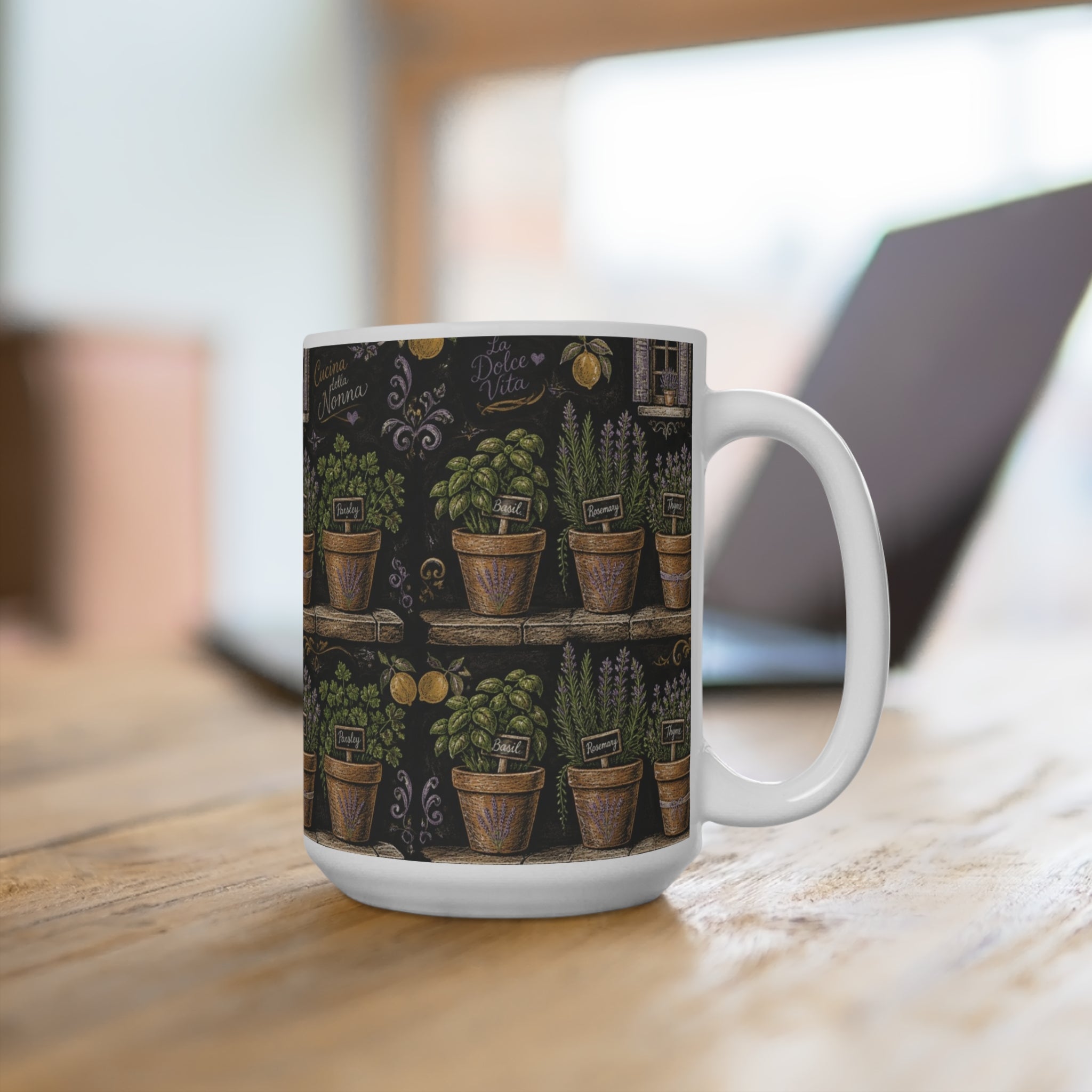 Terracotta Herb Pots 15oz Ceramic Mug Mediterranean Kitchen Chalk Art Design Italian Cottagecore Gift