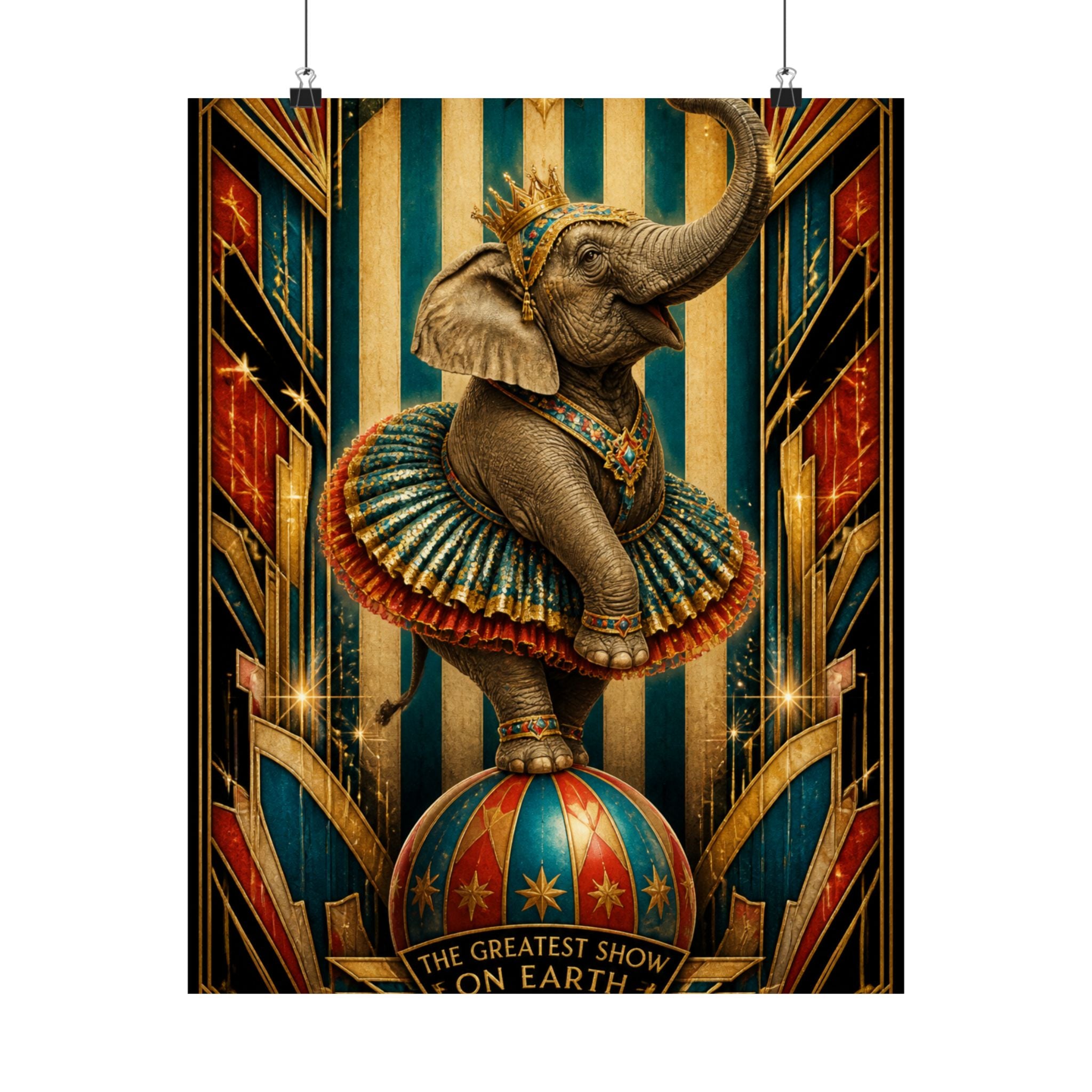 Elephant on Ball Wall Art Poster 18×24 Art Deco Entryway Decor Maximalist Print