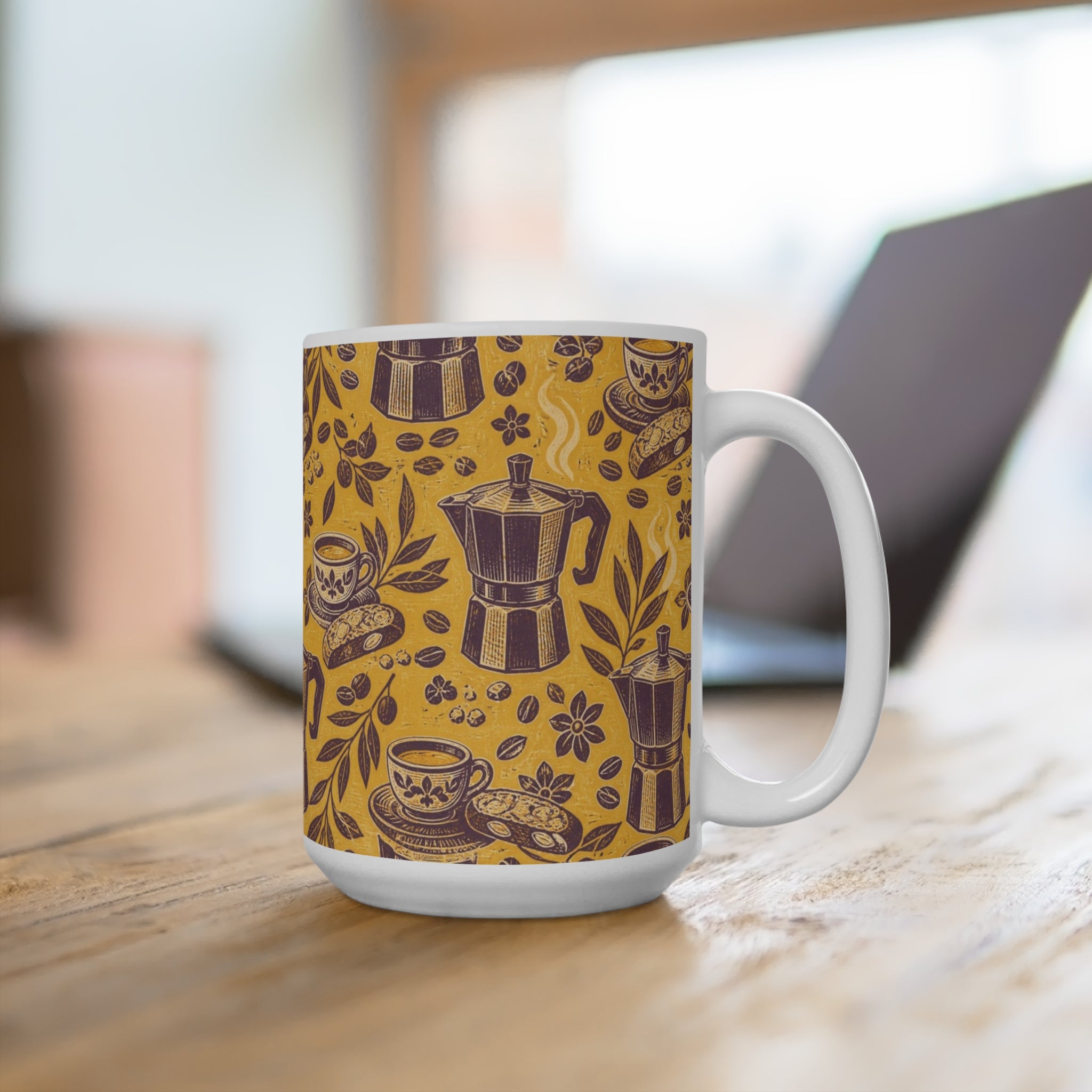 Espresso Moka Pot 15oz Ceramic Mug Mediterranean Kitchen Linocut Design Italian Cottagecore Gift