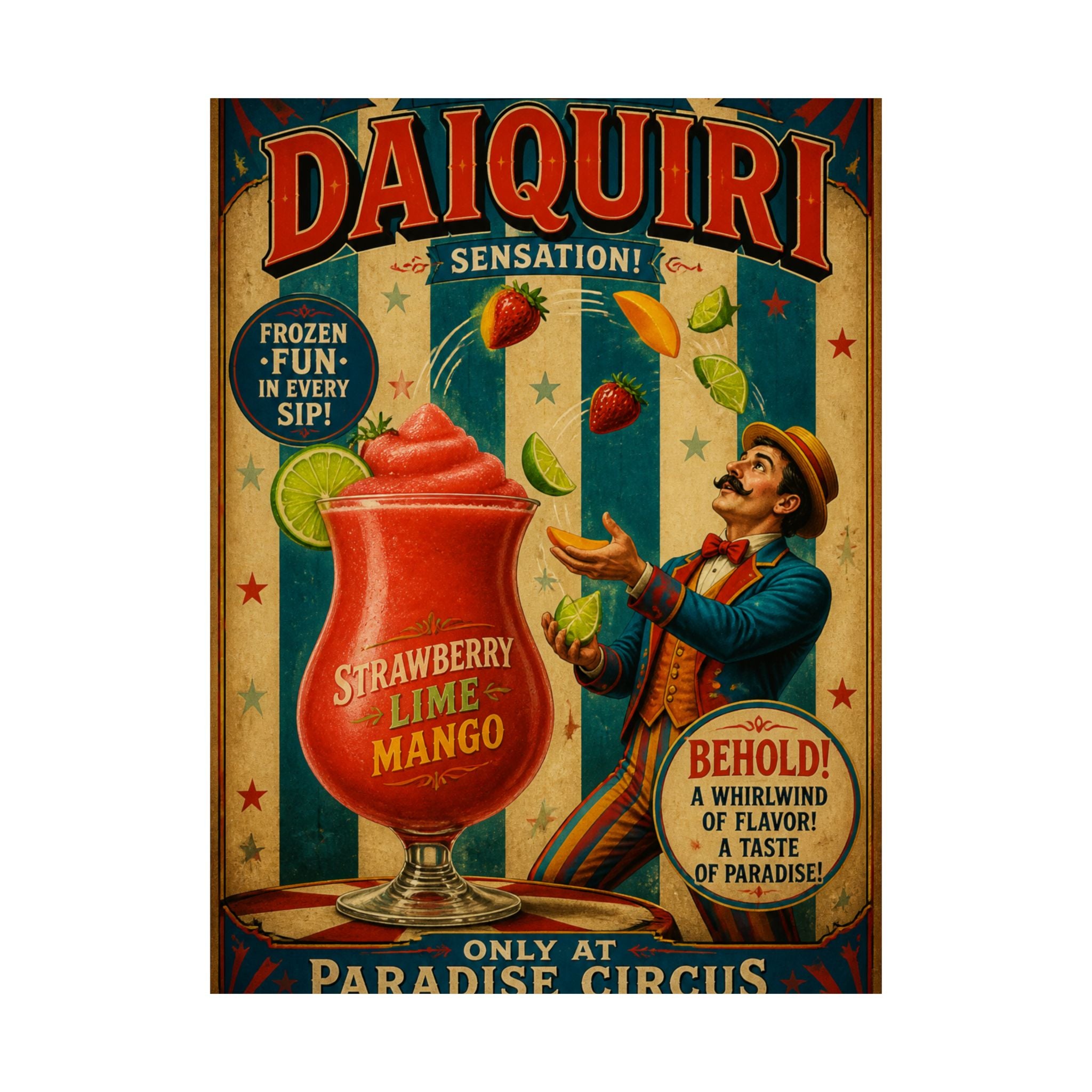 Daiquiri Fruit Juggler Wall Art Poster 24×36 Vintage Circus Bedroom Decor Maximalist Print
