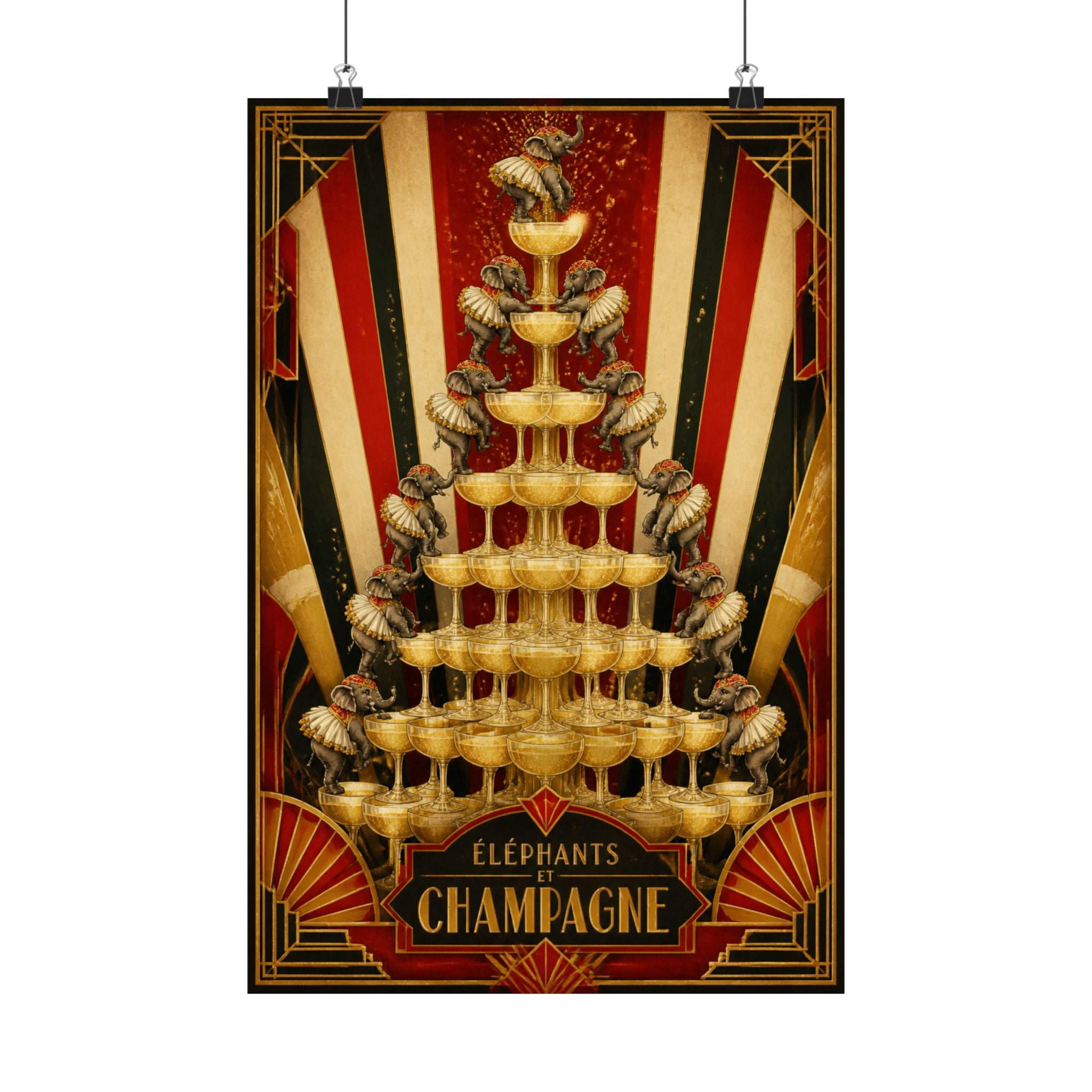 Champagne Tower Elephants Wall Art Poster 24×36 Art Deco Bar Area Decor Maximalist Print