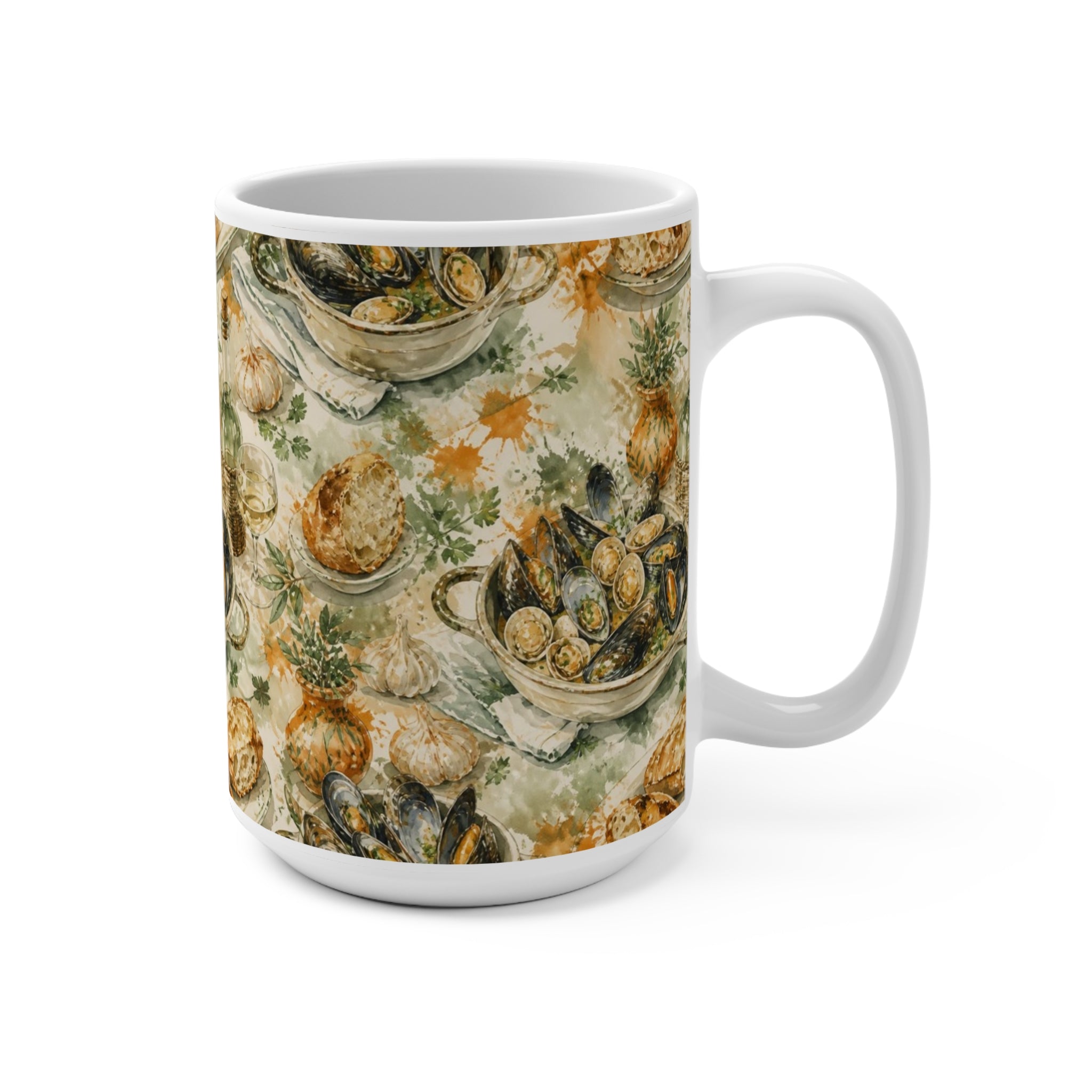 Mussels & Clams 15oz Ceramic Mug Mediterranean Kitchen Watercolor Splash Design Italian Cottagecore Gift