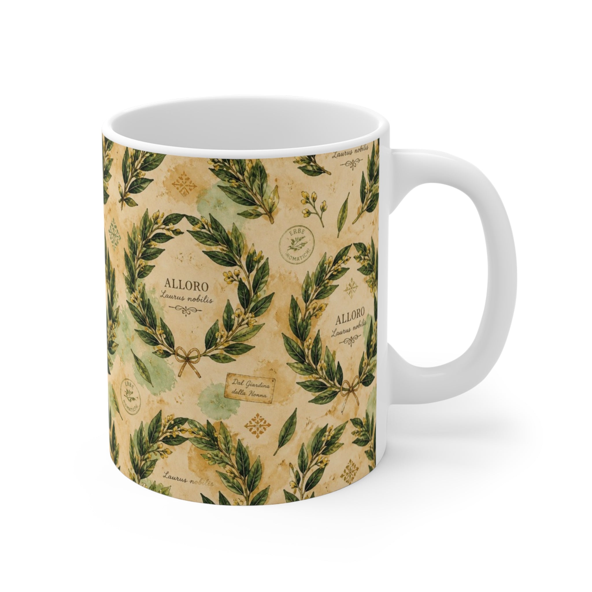Bay Laurel Wreath 11oz Ceramic Mug Mediterranean Kitchen Watercolor Design Italian Cottagecore Gift