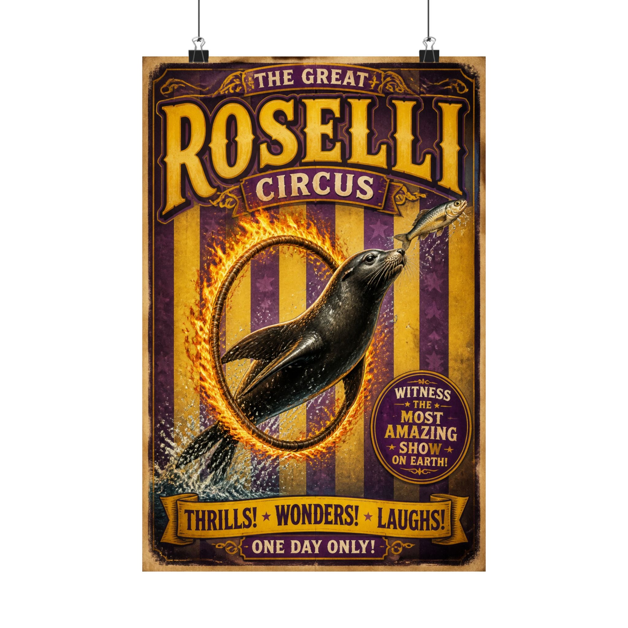 Seal Fire Hoop Wall Art Poster 18×24 Vintage Circus Kitchen Decor Maximalist Print