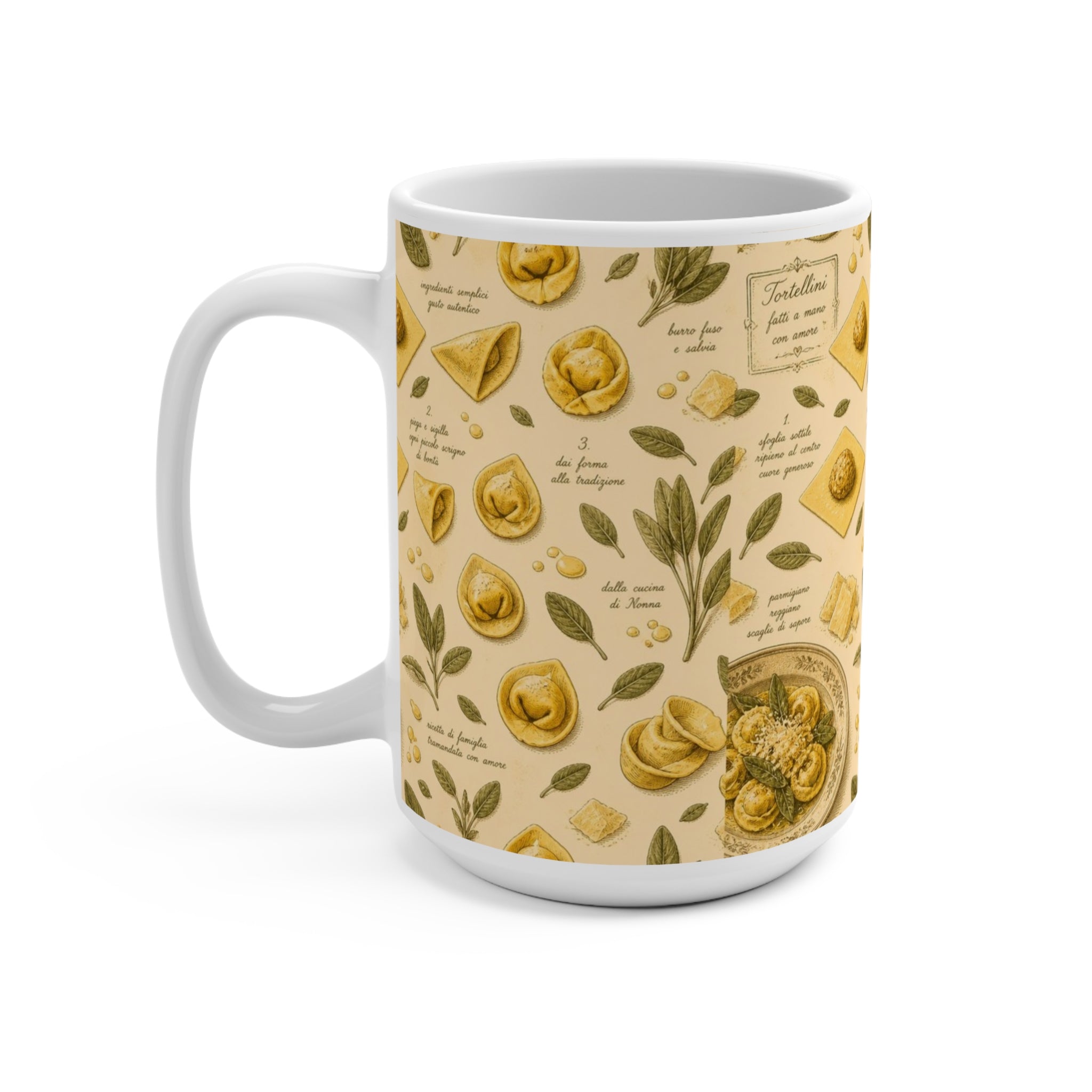 Tortellini with Sage 15oz Ceramic Mug Mediterranean Kitchen Botanical Design Italian Cottagecore Gift