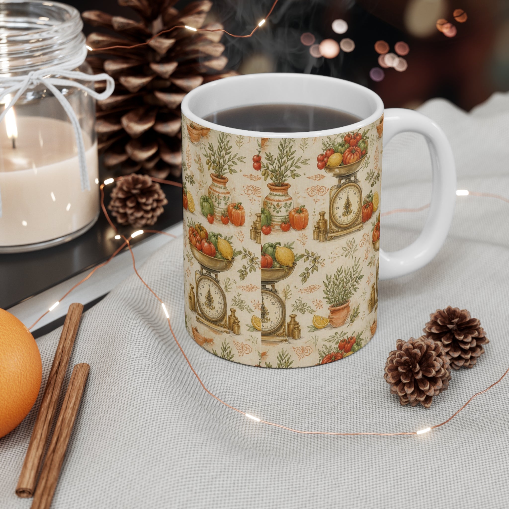 Vintage Kitchen Scale 11oz Ceramic Mug Mediterranean Kitchen Watercolor Design Italian Cottagecore Gift