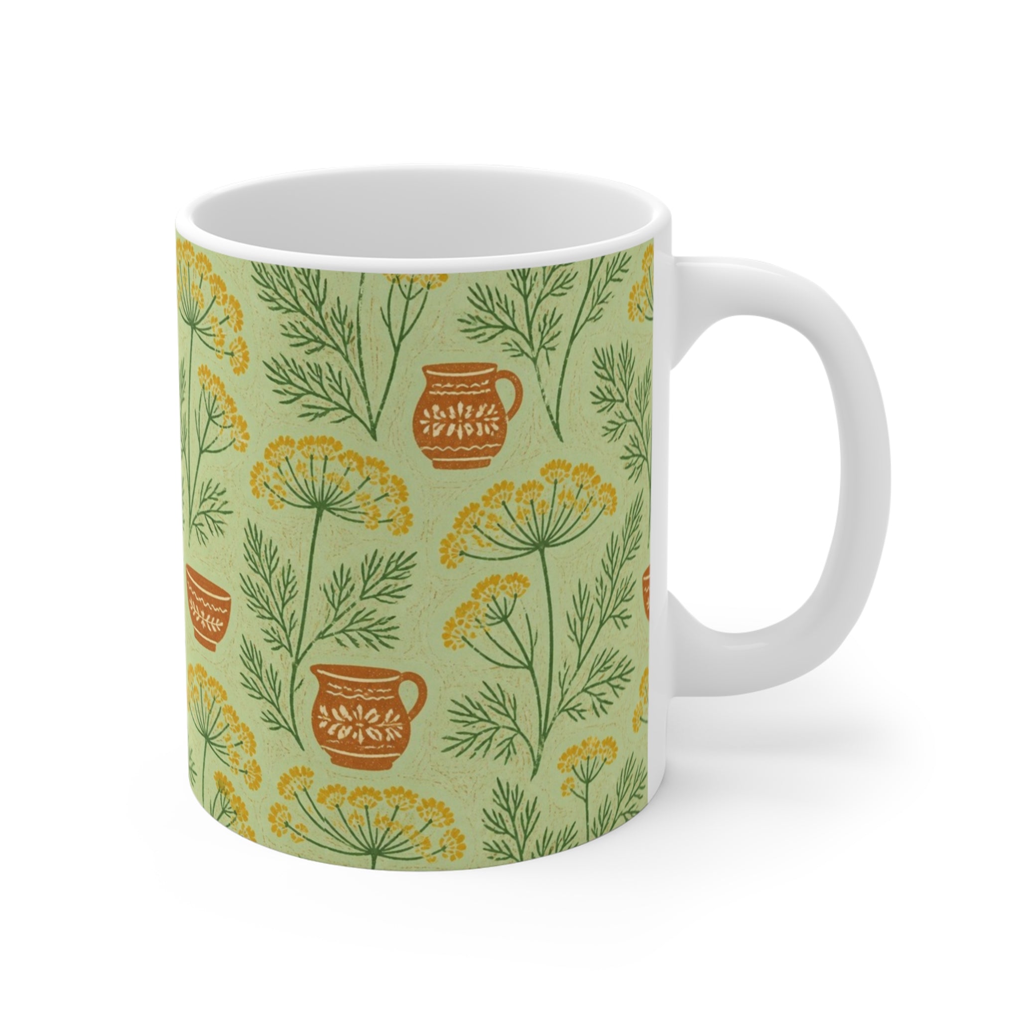 Dill Fronds 11oz Ceramic Mug Mediterranean Kitchen Linocut Design Italian Cottagecore Gift