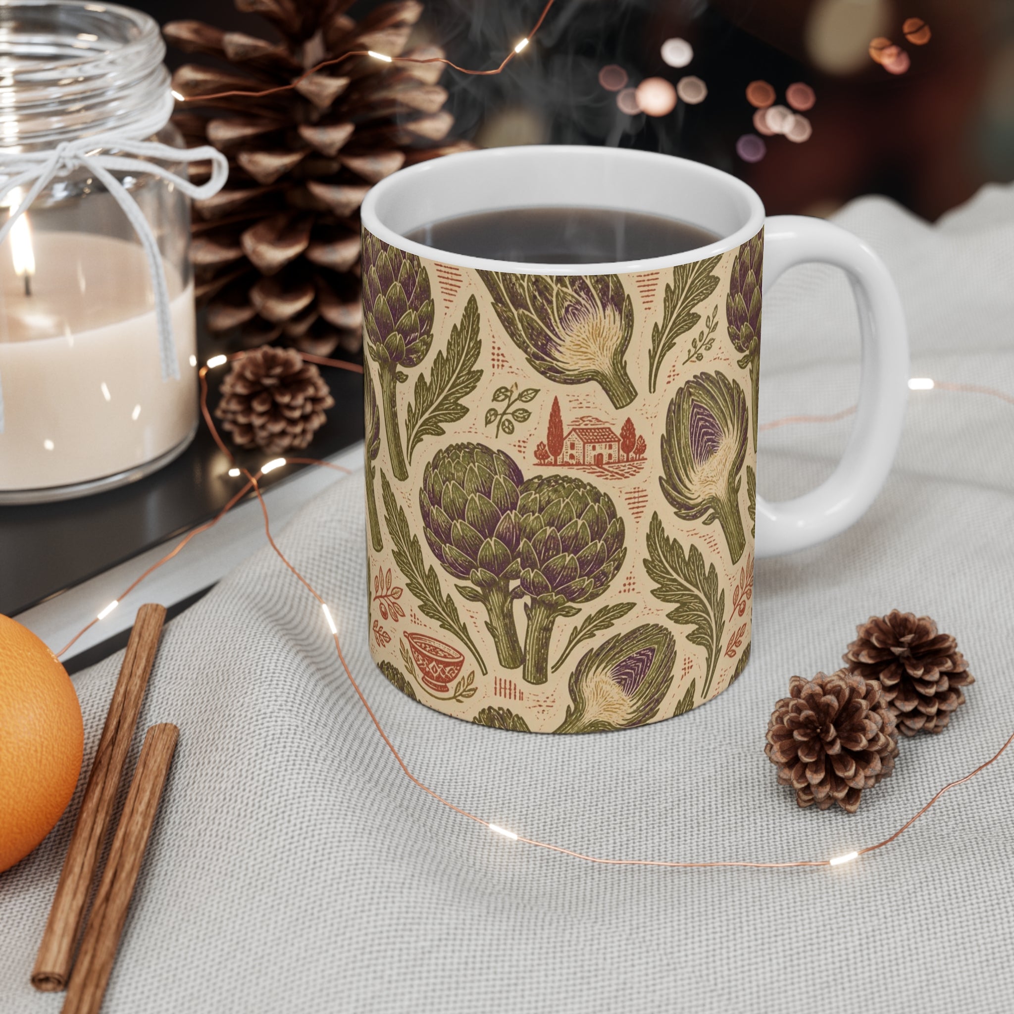 Globe Artichokes 11oz Ceramic Mug Mediterranean Kitchen Linocut Design Italian Cottagecore Gift