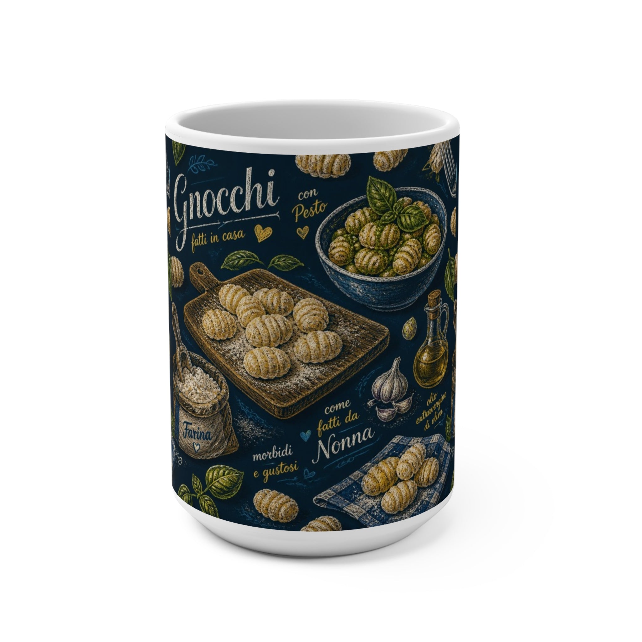 Potato Gnocchi 15oz Ceramic Mug Mediterranean Kitchen Chalk Art Design Italian Cottagecore Gift