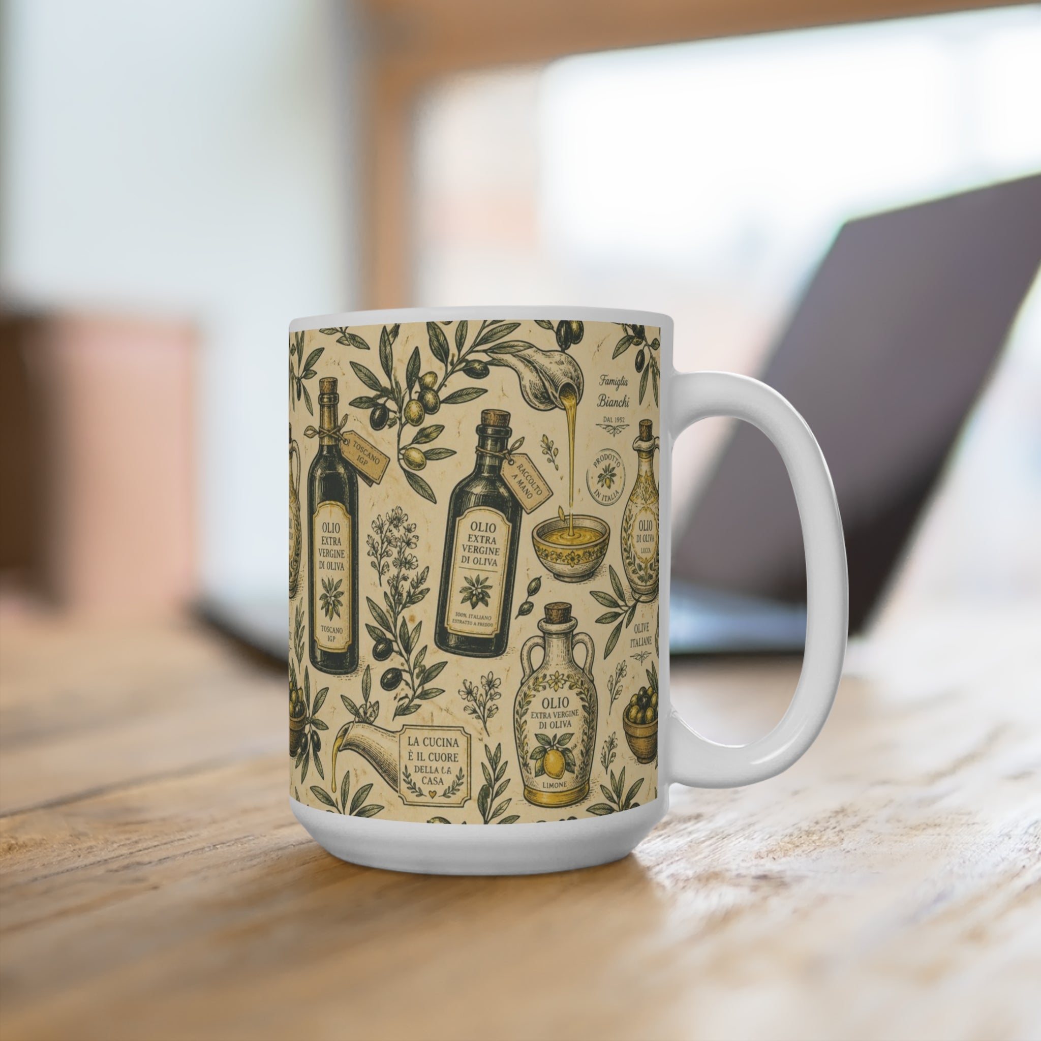 Olive Oil Bottles 15oz Ceramic Mug Mediterranean Kitchen Botanical Design Italian Cottagecore Gift