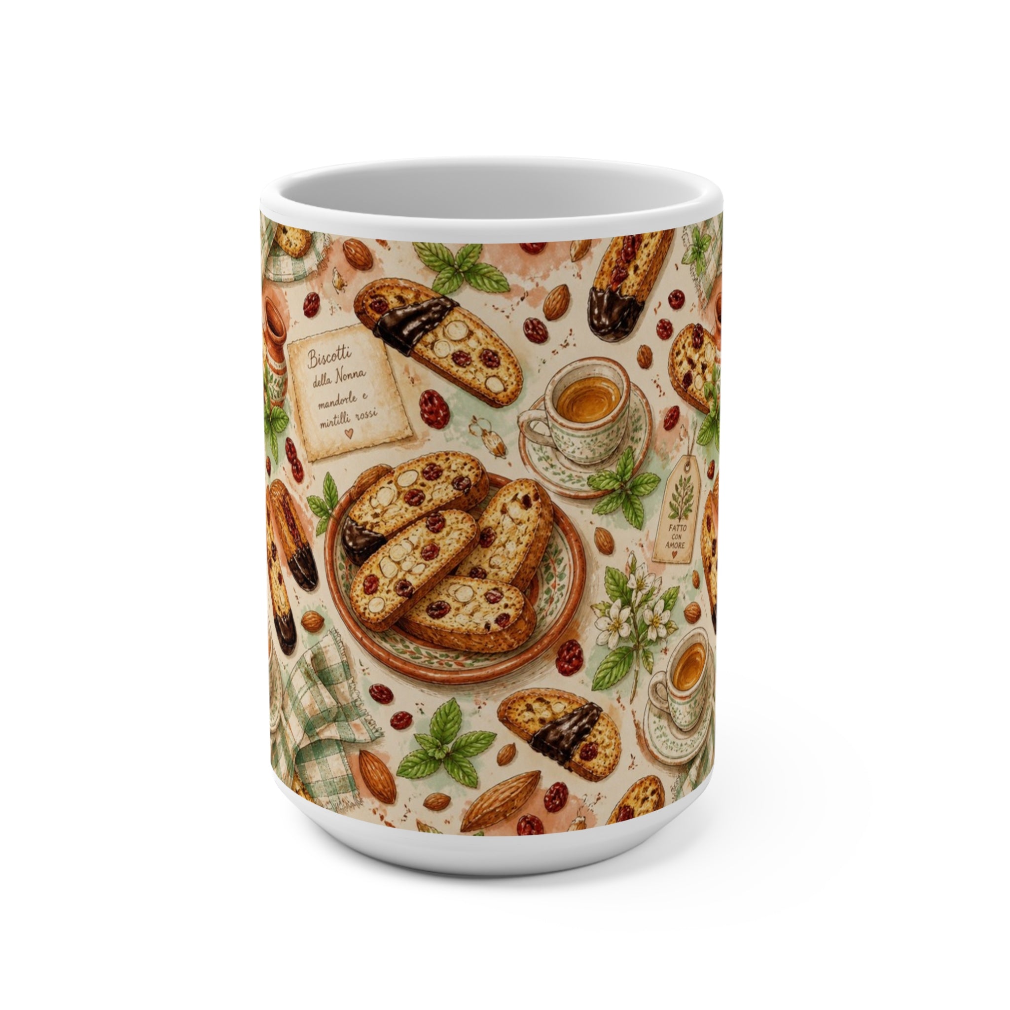 Almond Biscotti 15oz Ceramic Mug Mediterranean Kitchen Watercolor Design Italian Cottagecore Gift