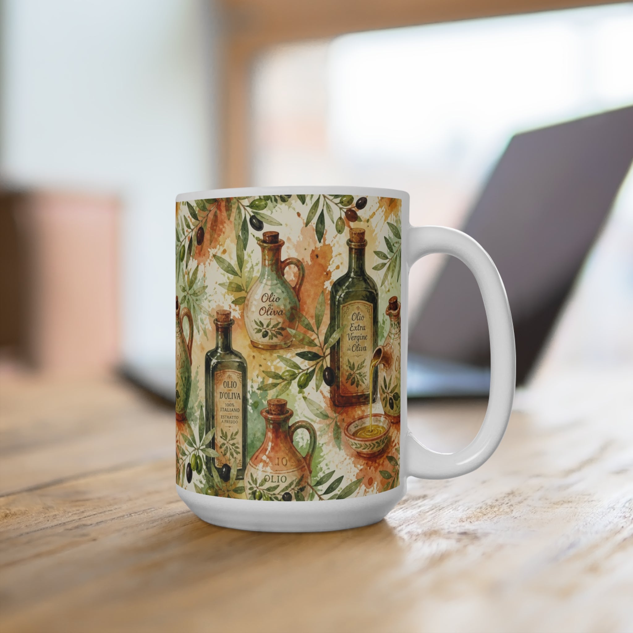 Olive Oil Bottles 15oz Ceramic Mug Mediterranean Kitchen Watercolor Splash Design Italian Cottagecore Gift