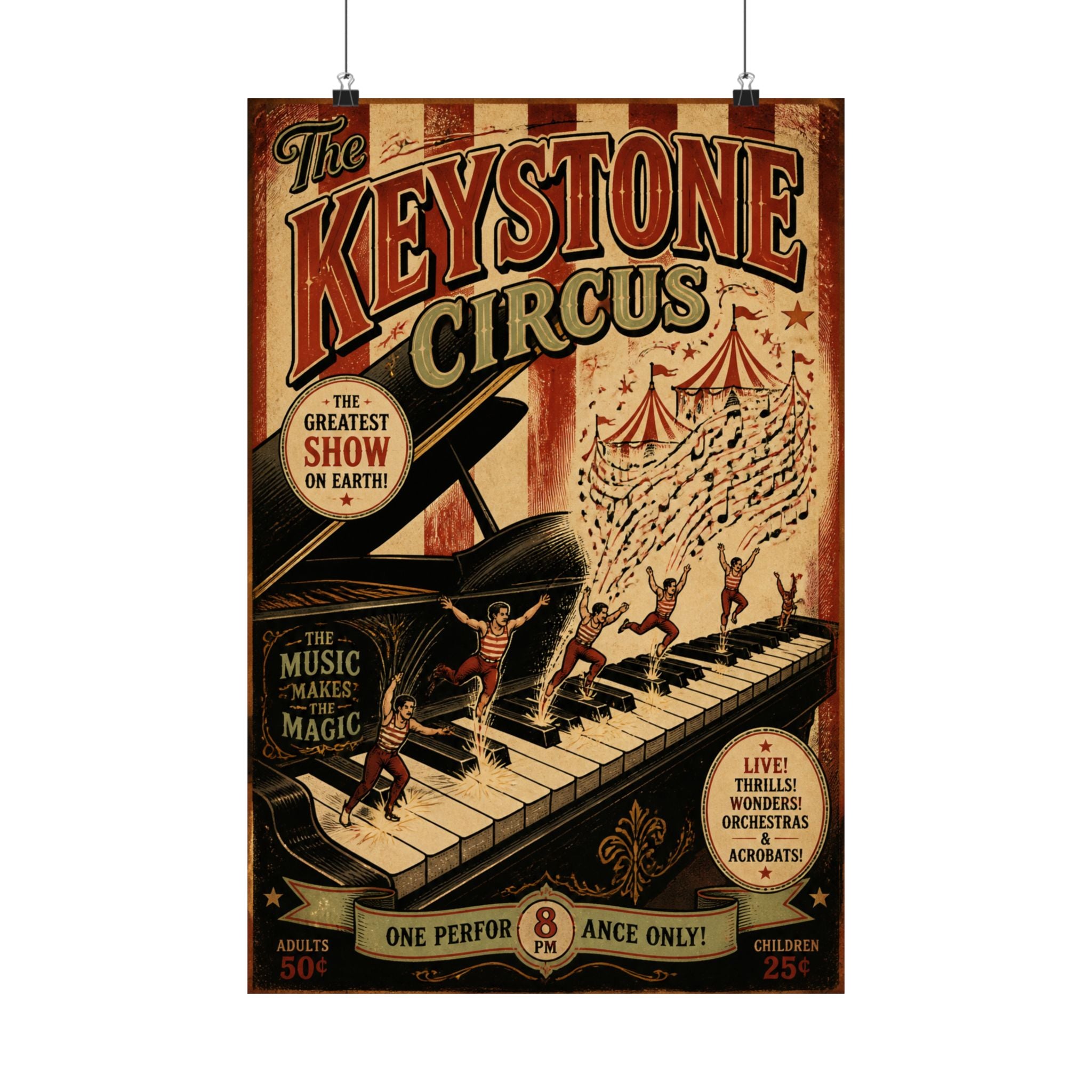 Grand Piano Acrobats Wall Art Poster 18×24 Vintage Circus Kitchen Decor Maximalist Print