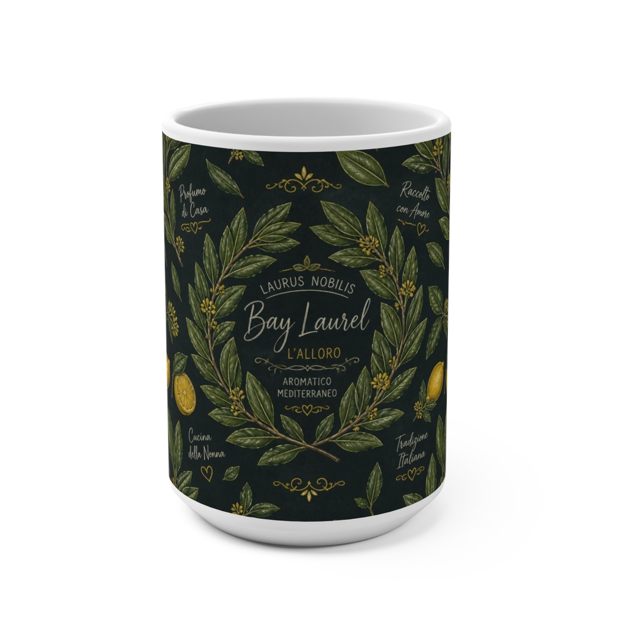 Bay Laurel Wreath 15oz Ceramic Mug Mediterranean Kitchen Chalk Art Design Italian Cottagecore Gift