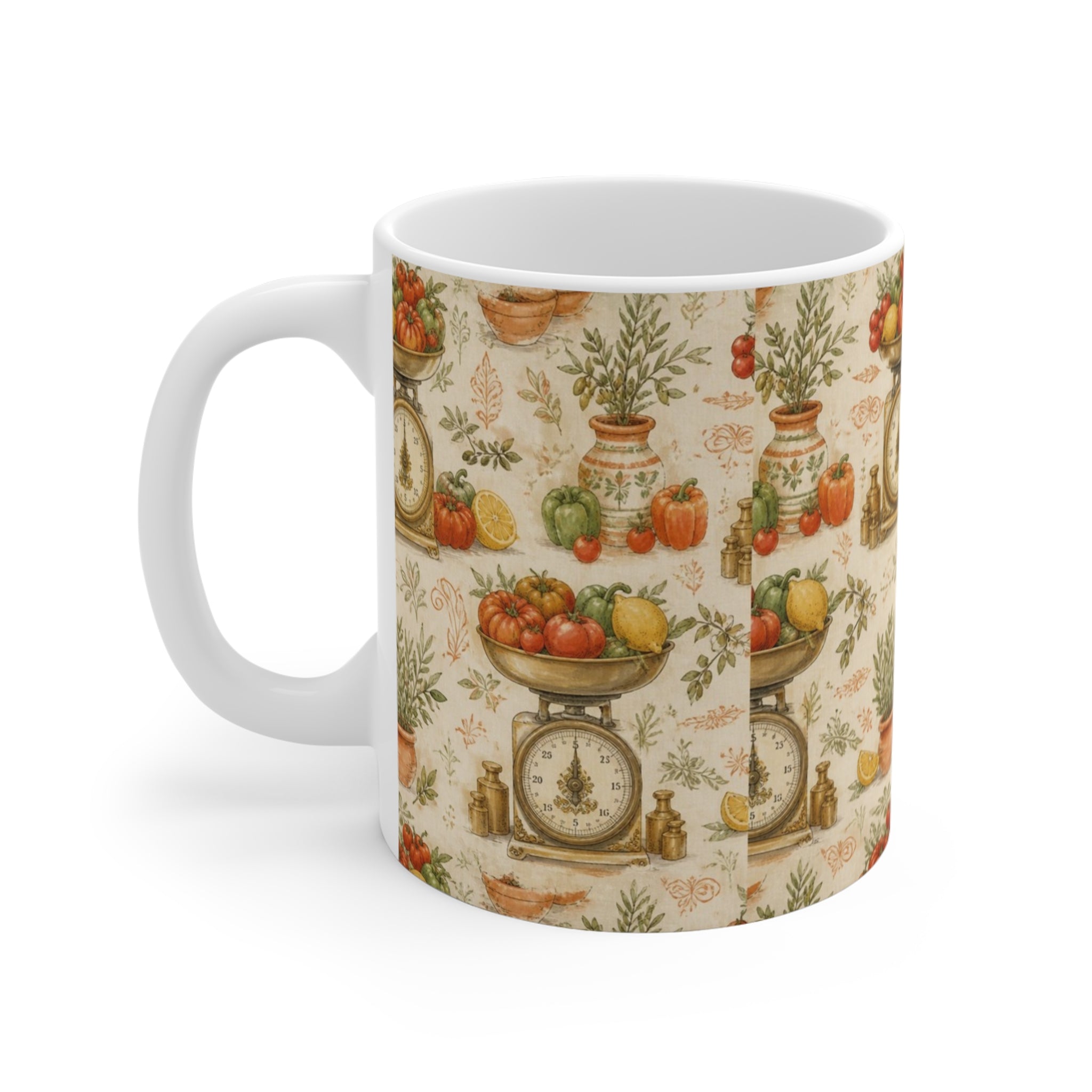 Vintage Kitchen Scale 11oz Ceramic Mug Mediterranean Kitchen Watercolor Design Italian Cottagecore Gift