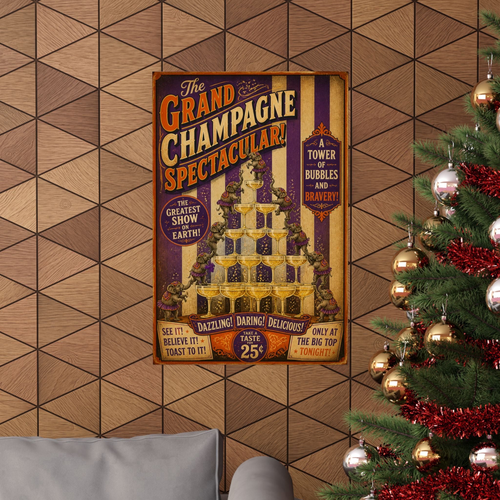 Champagne Tower Elephants Wall Art Poster 24×36 Vintage Circus Bedroom Decor Maximalist Print