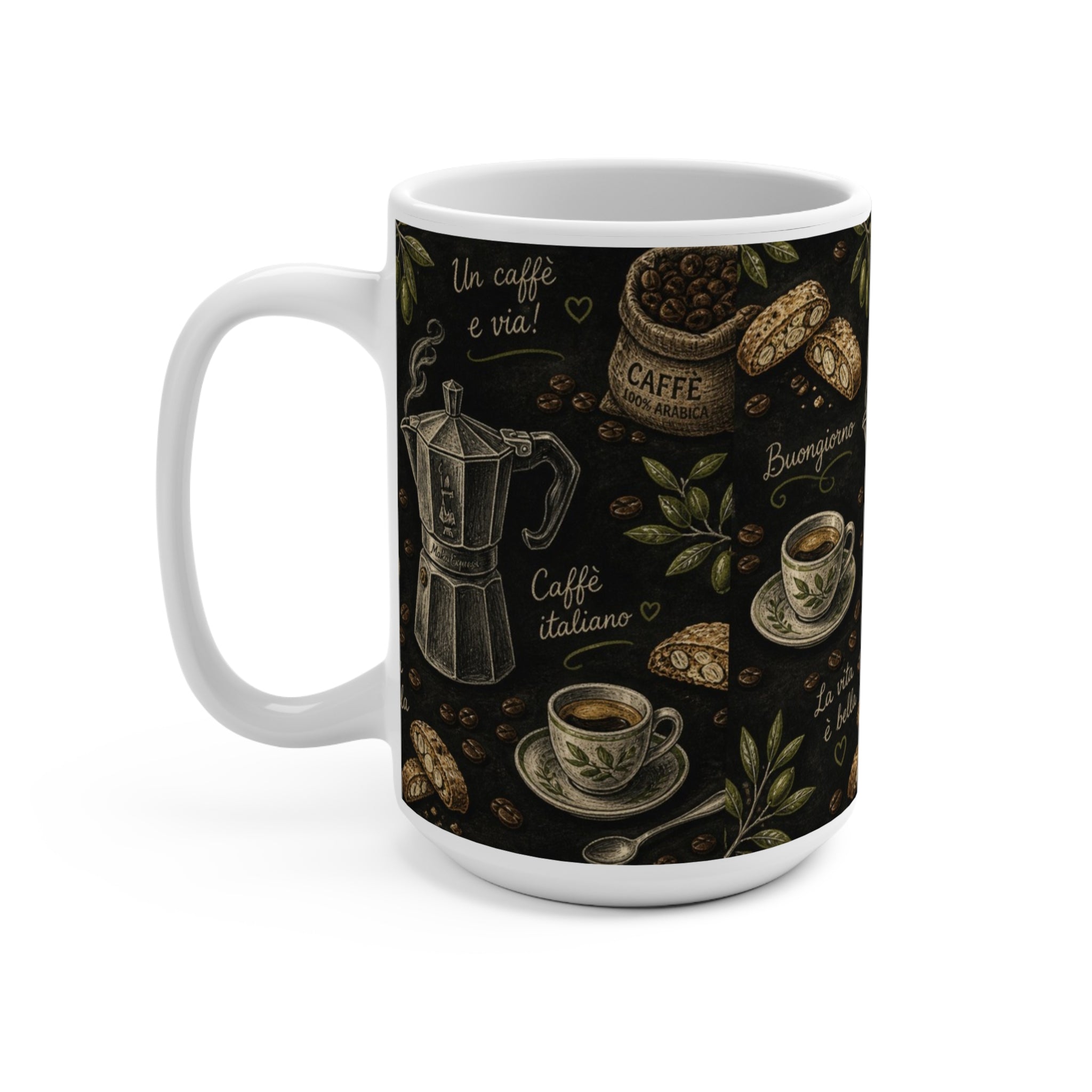 Espresso Moka Pot 15oz Ceramic Mug Mediterranean Kitchen Chalk Art Design Italian Cottagecore Gift