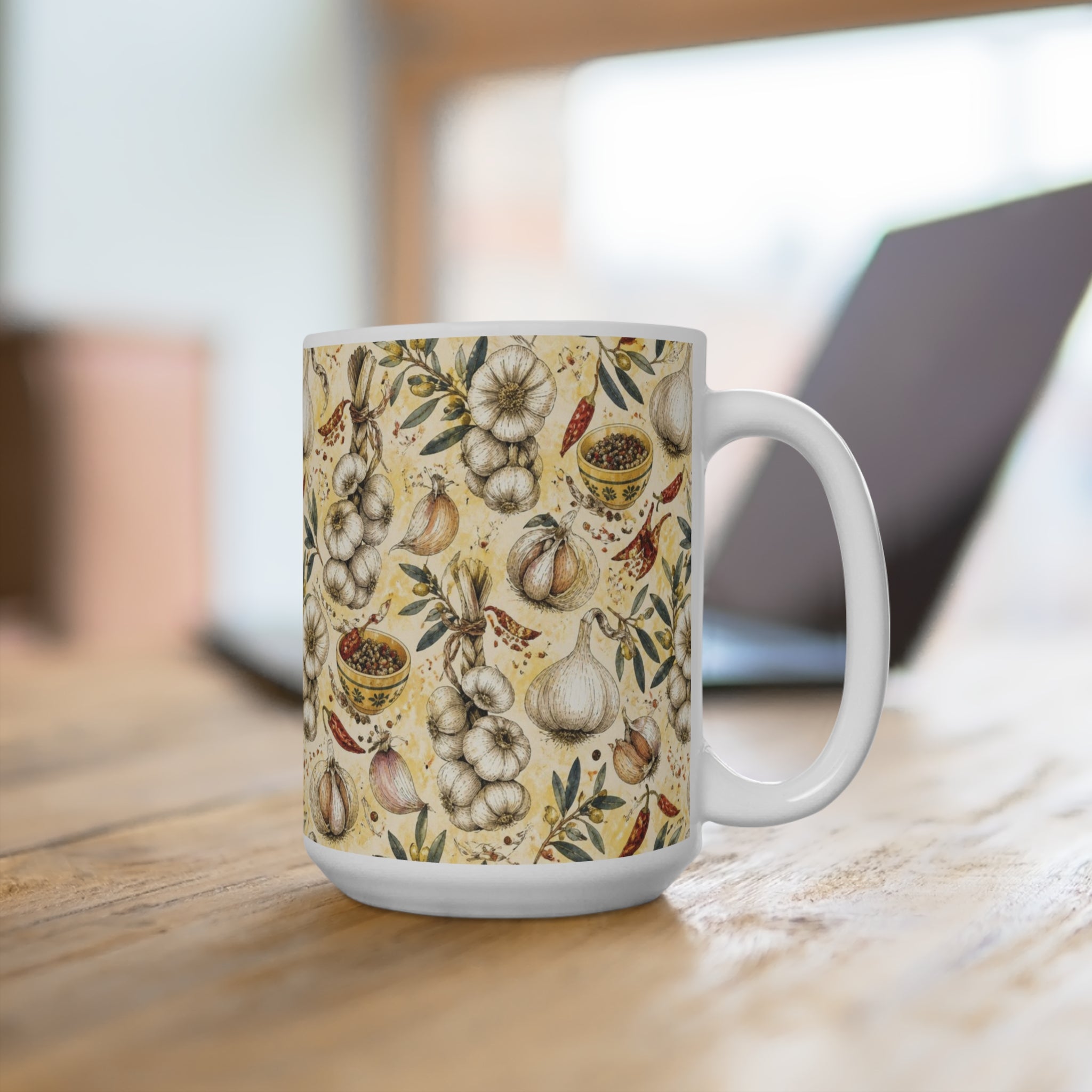 Garlic Bulbs & Cloves 15oz Ceramic Mug Mediterranean Kitchen Watercolor Design Italian Cottagecore Gift