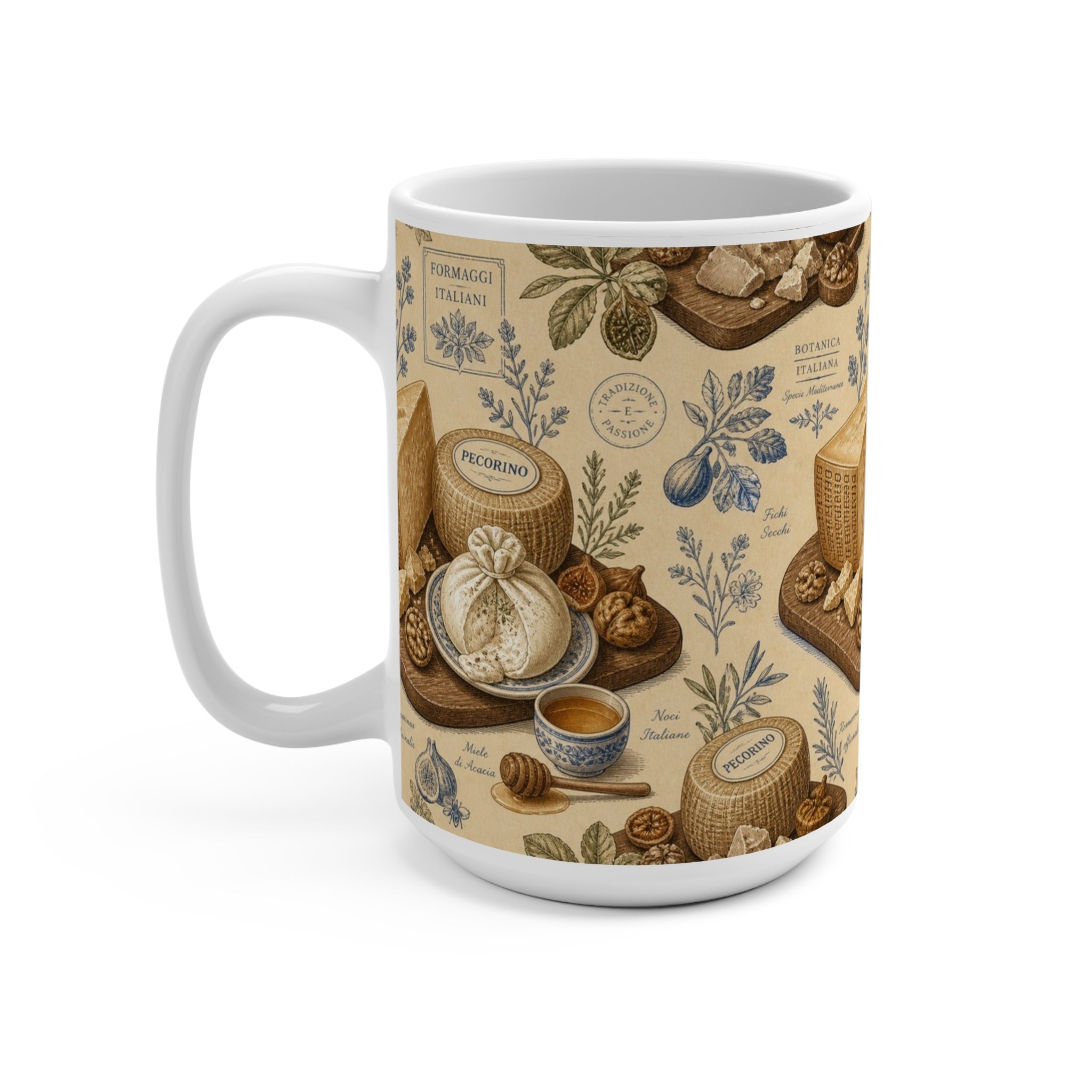 Italian Cheese Board 15oz Ceramic Mug Mediterranean Kitchen Botanical Design Italian Cottagecore Gift