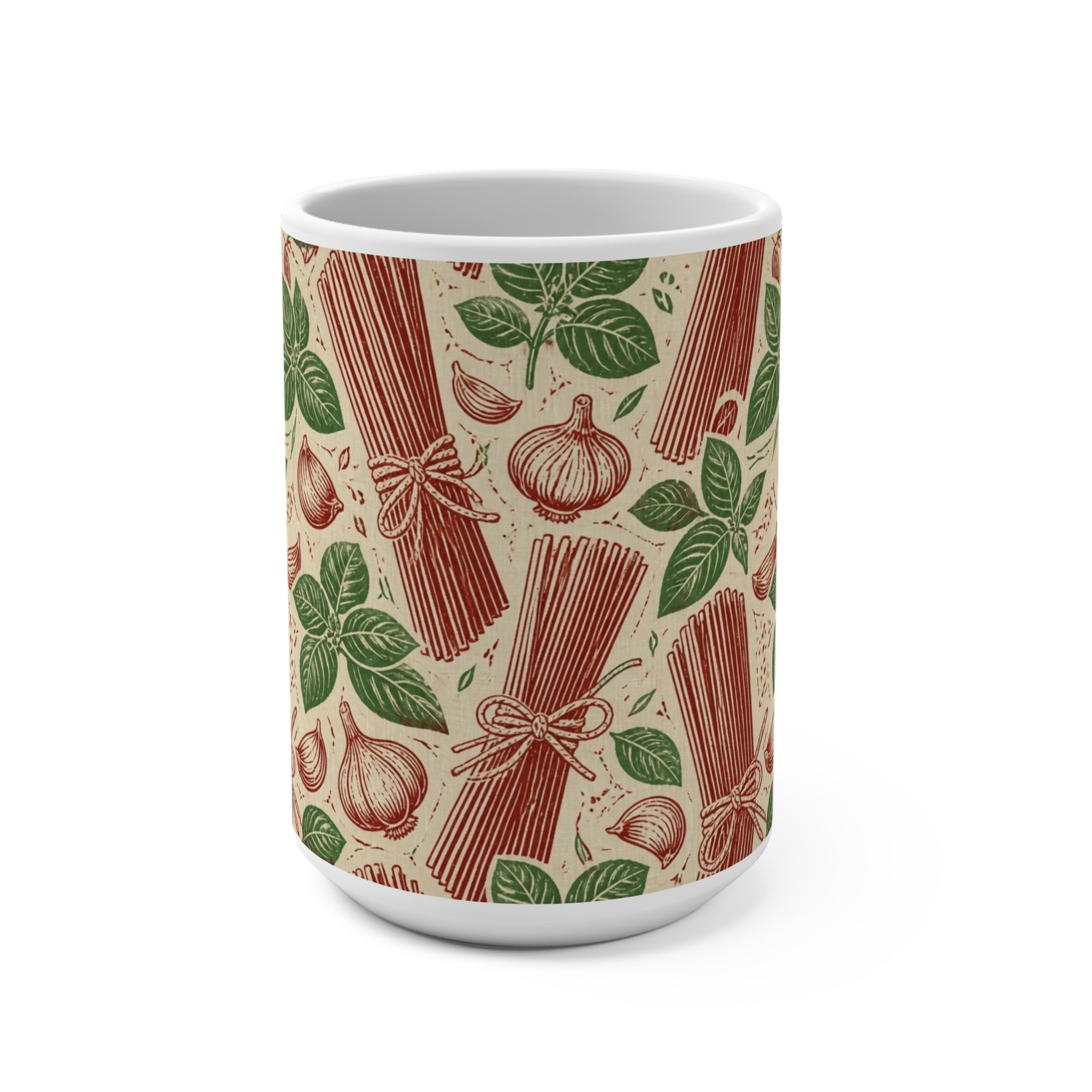 Spaghetti Bundle 15oz Ceramic Mug Mediterranean Kitchen Linocut Design Italian Cottagecore Gift