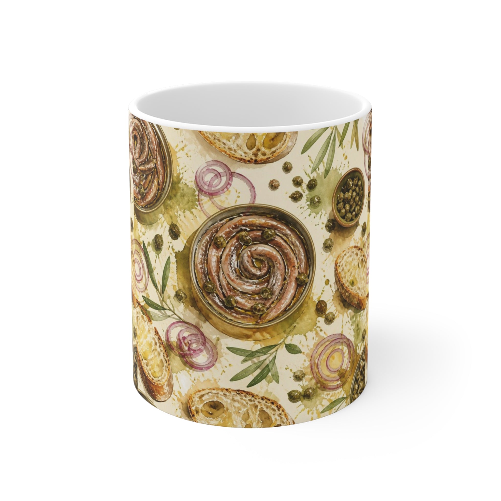 Anchovies & Capers 11oz Ceramic Mug Mediterranean Kitchen Watercolor Splash Design Italian Cottagecore Gift