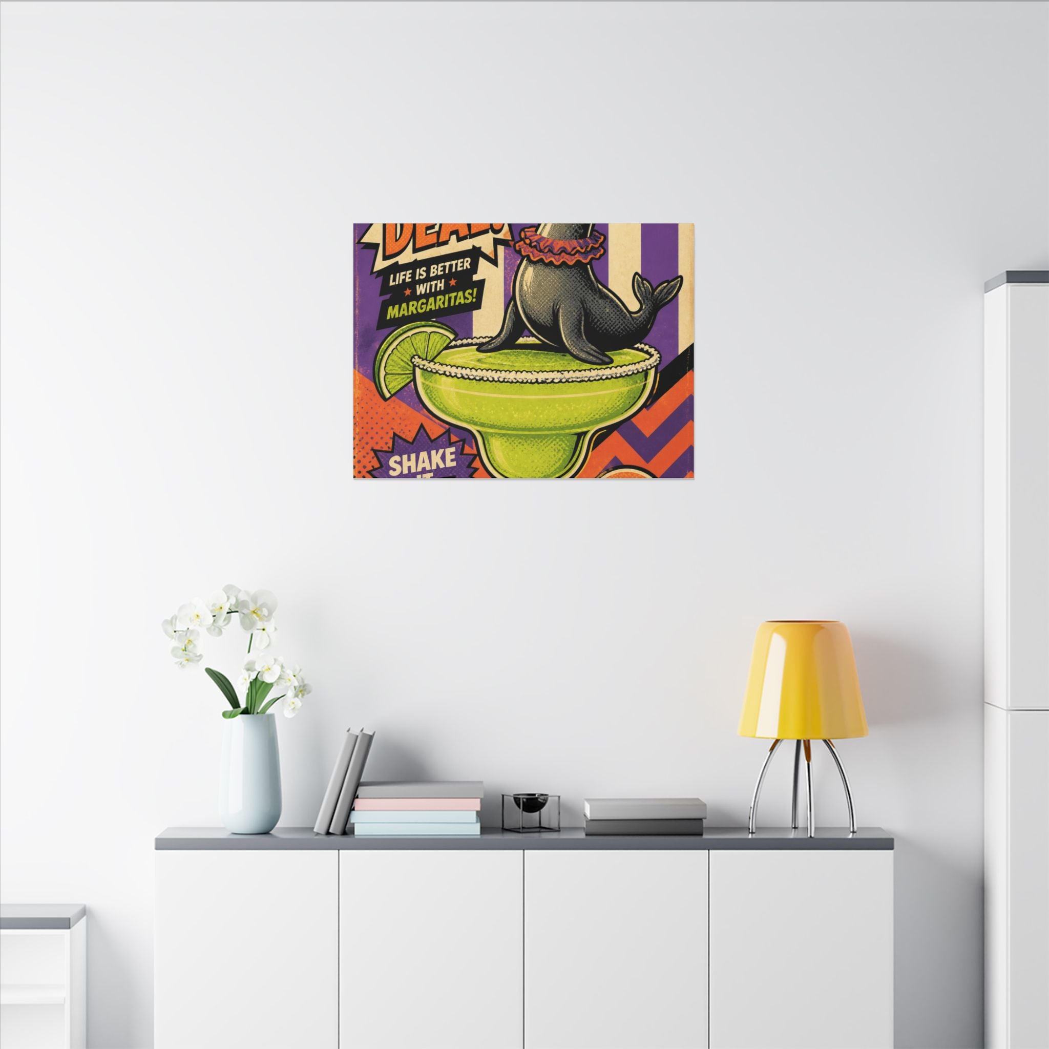 Margarita Balancing Seal Wall Art Canvas 24×36 Pop Art Restaurant Decor Maximalist Print