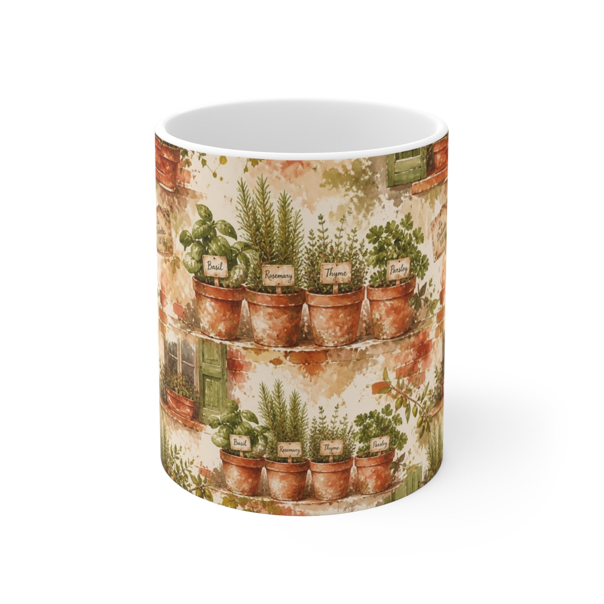 Terracotta Herb Pots 11oz Ceramic Mug Mediterranean Kitchen Watercolor Splash Design Italian Cottagecore Gift