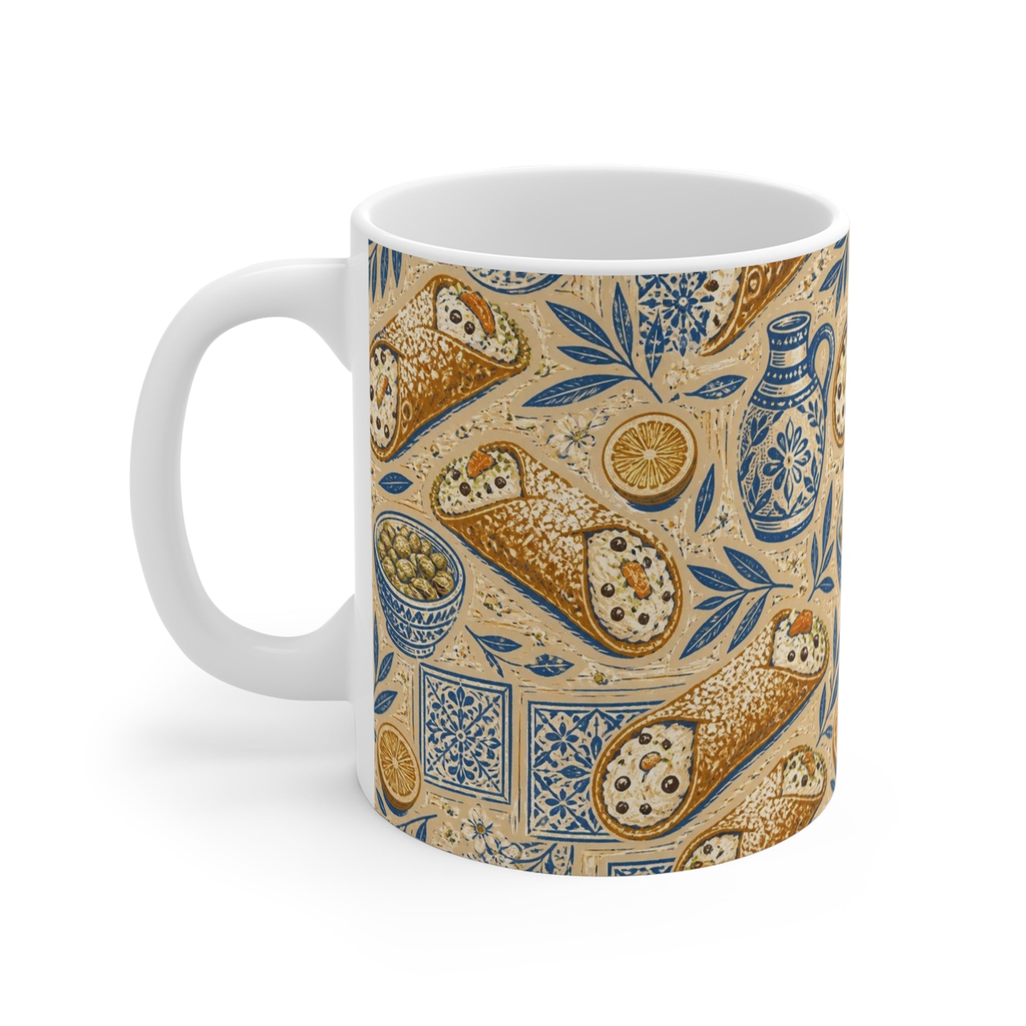 Sicilian Cannoli 11oz Ceramic Mug Mediterranean Kitchen Linocut Design Italian Cottagecore Gift