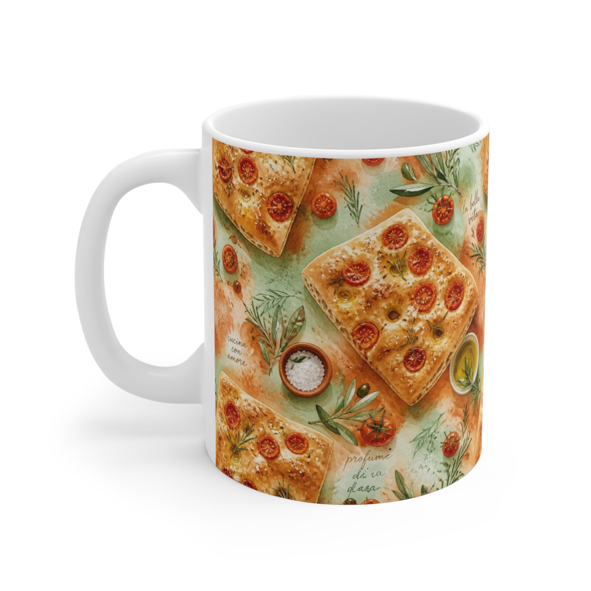 Focaccia Bread 11oz Ceramic Mug Mediterranean Kitchen Watercolor Splash Design Italian Cottagecore Gift