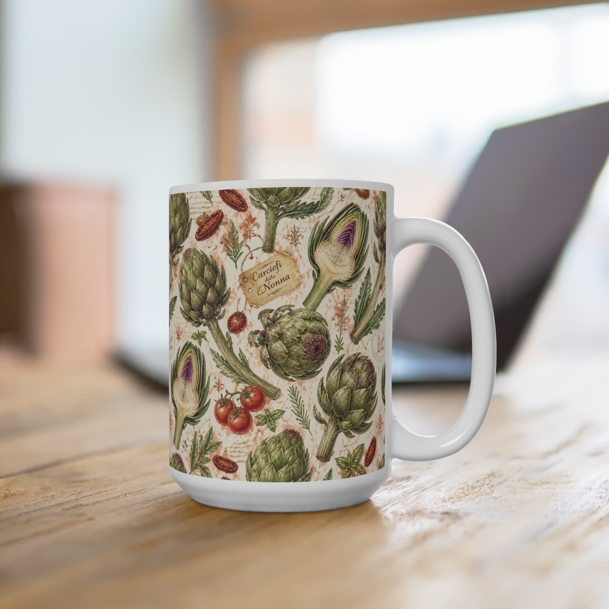 Globe Artichokes 15oz Ceramic Mug Mediterranean Kitchen Watercolor Design Italian Cottagecore Gift