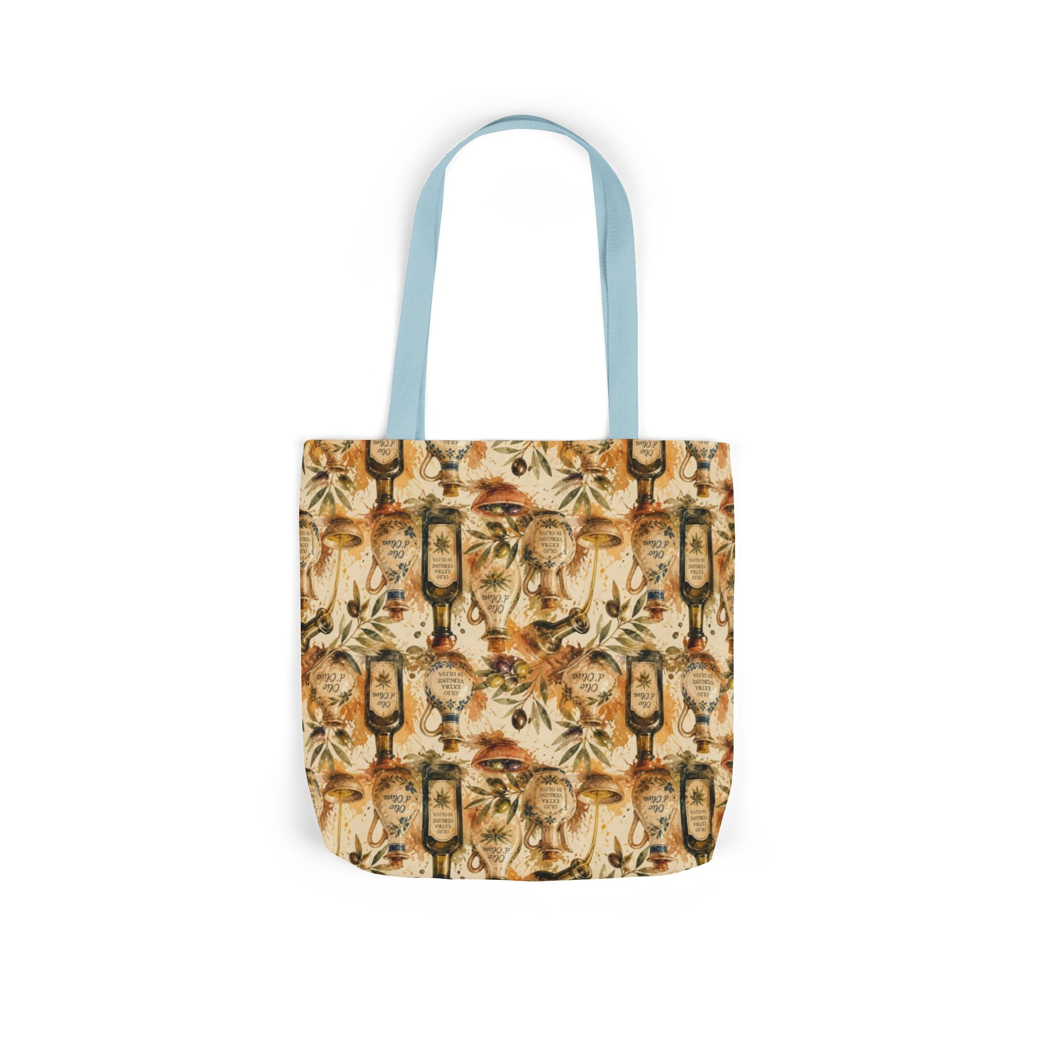 Olive Oil Bottles Canvas Tote Bag Mediterranean Kitchen Watercolor Splash Design Italian Cottagecore Gift