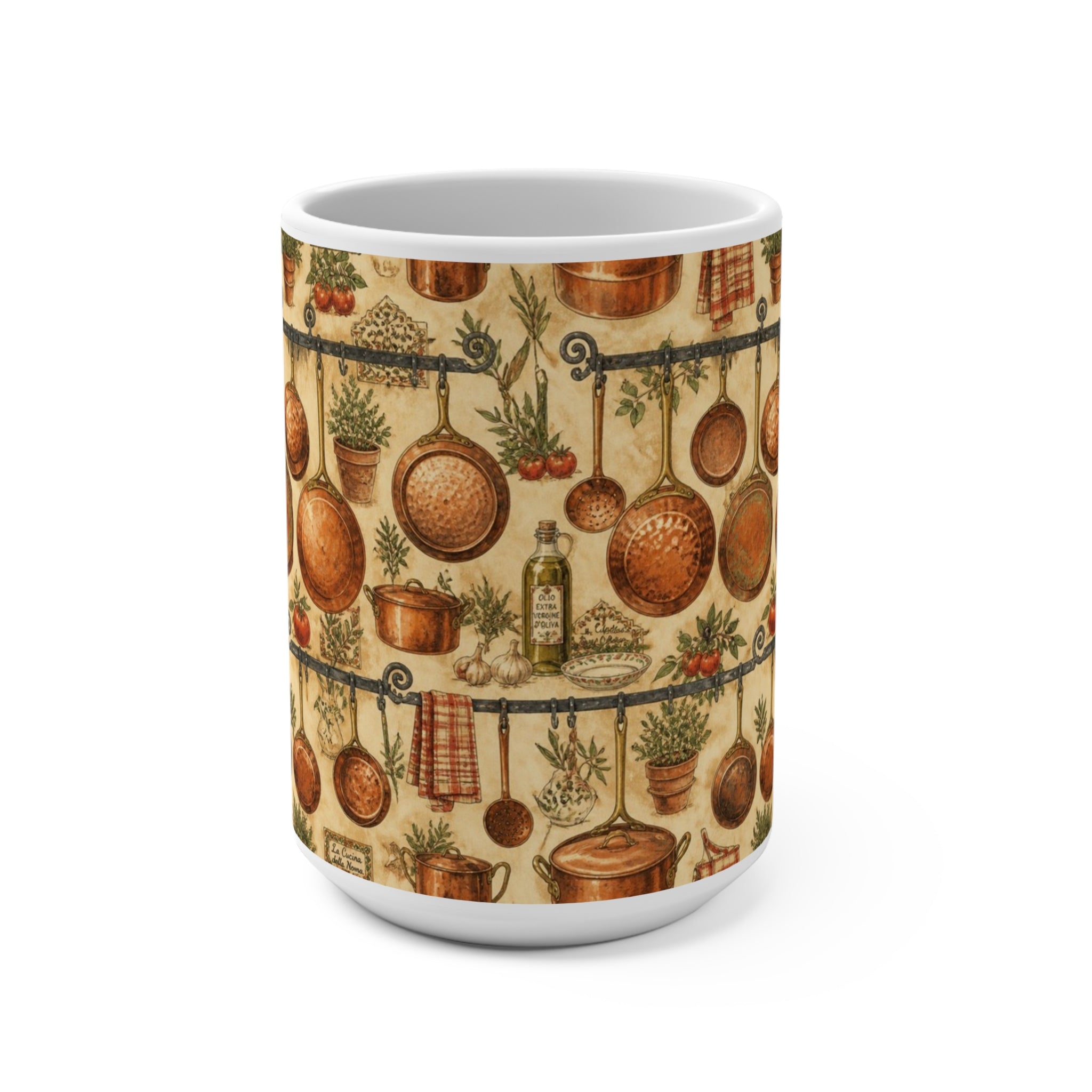 Copper Cookware 15oz Ceramic Mug Mediterranean Kitchen Watercolor Design Italian Cottagecore Gift
