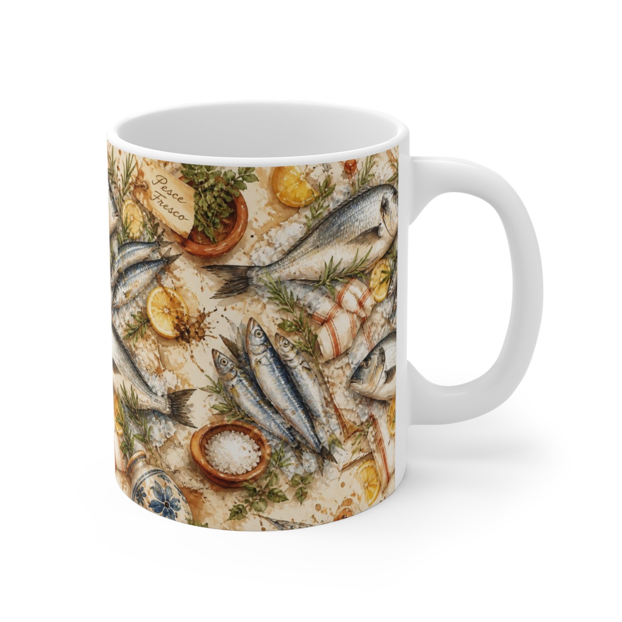Mediterranean Fish 11oz Ceramic Mug Mediterranean Kitchen Watercolor Splash Design Italian Cottagecore Gift