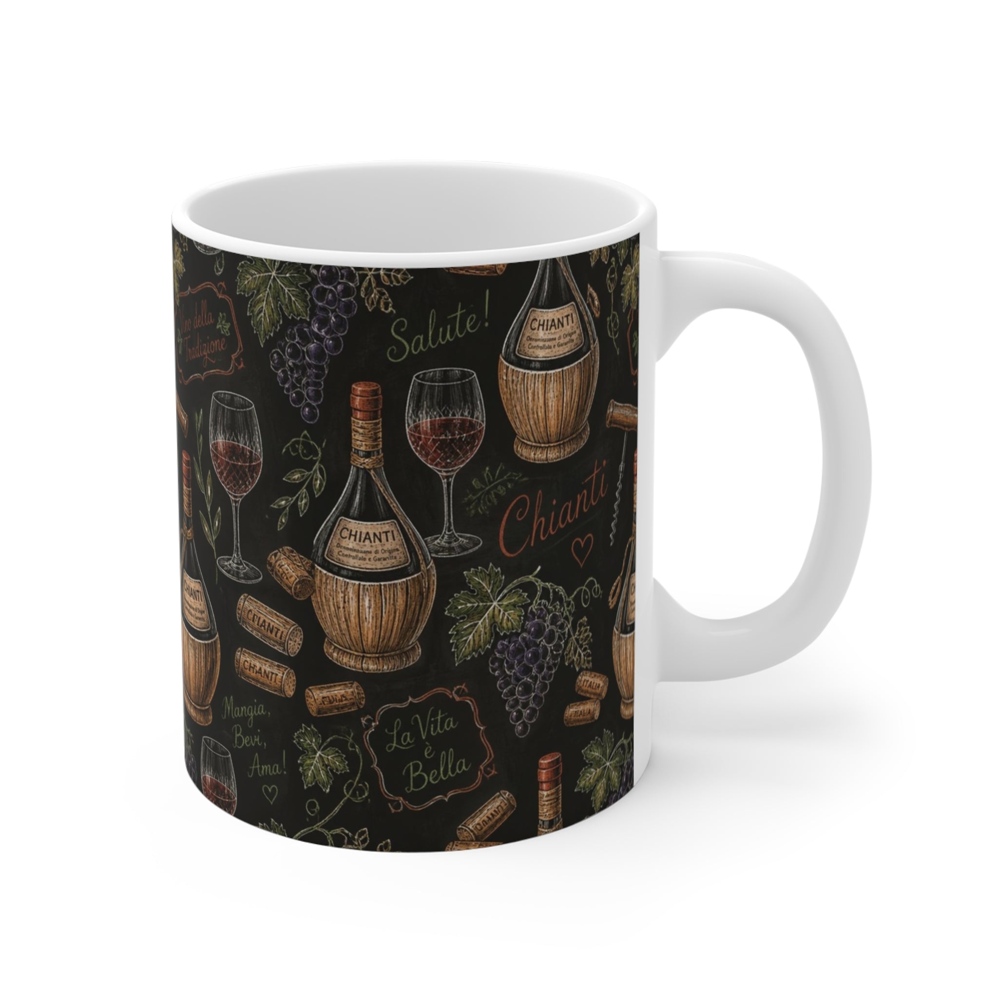 Wine Bottles & Glasses 11oz Ceramic Mug Mediterranean Kitchen Chalk Art Design Italian Cottagecore Gift