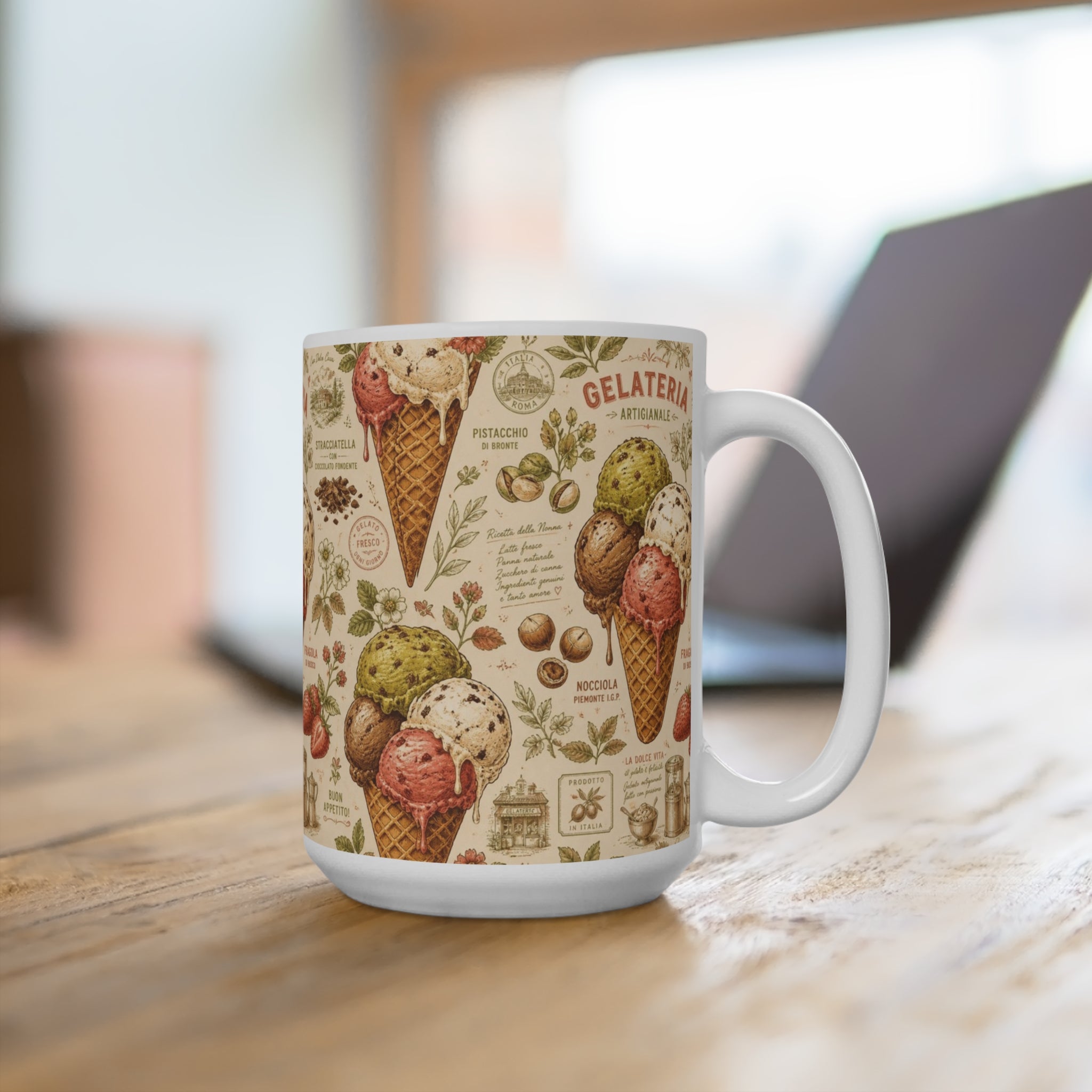 Gelato Scoops 15oz Ceramic Mug Mediterranean Kitchen Botanical Design Italian Cottagecore Gift