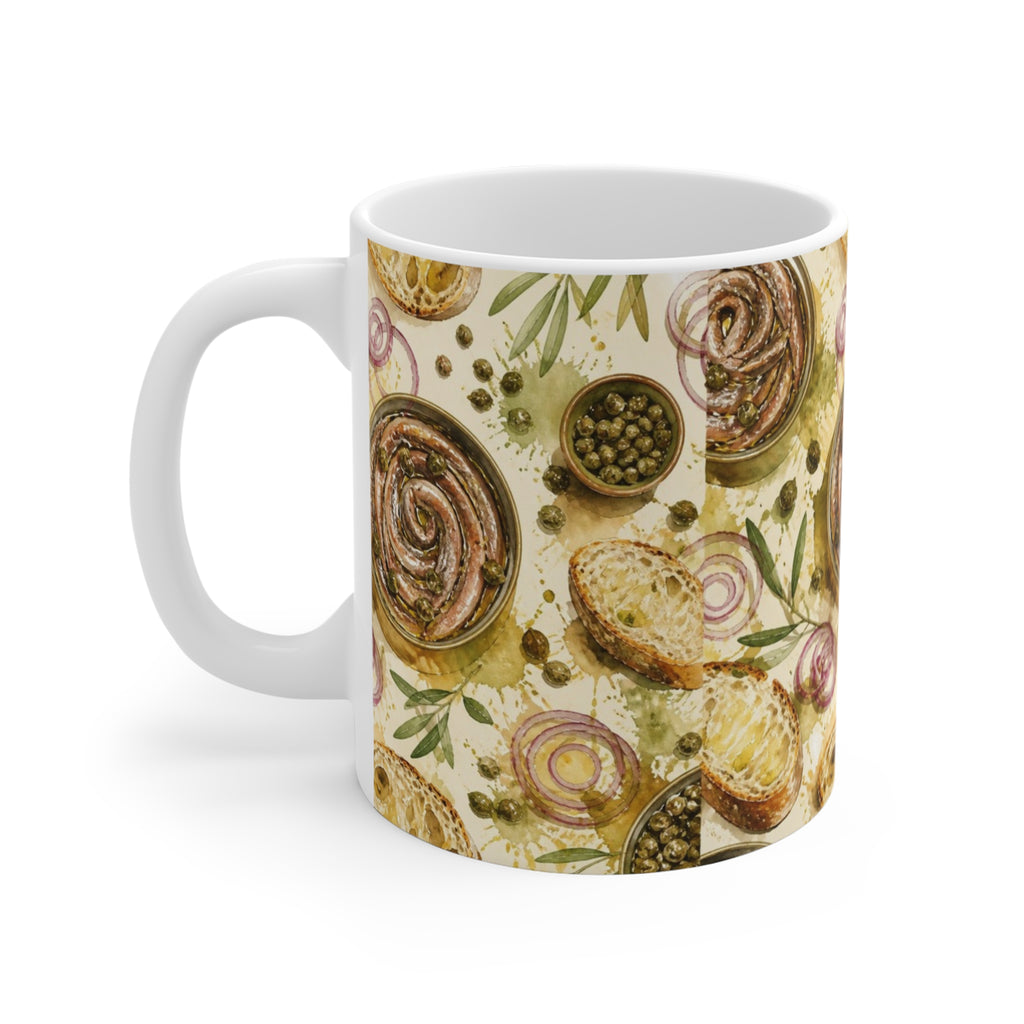 Anchovies & Capers 11oz Ceramic Mug Mediterranean Kitchen Watercolor Splash Design Italian Cottagecore Gift